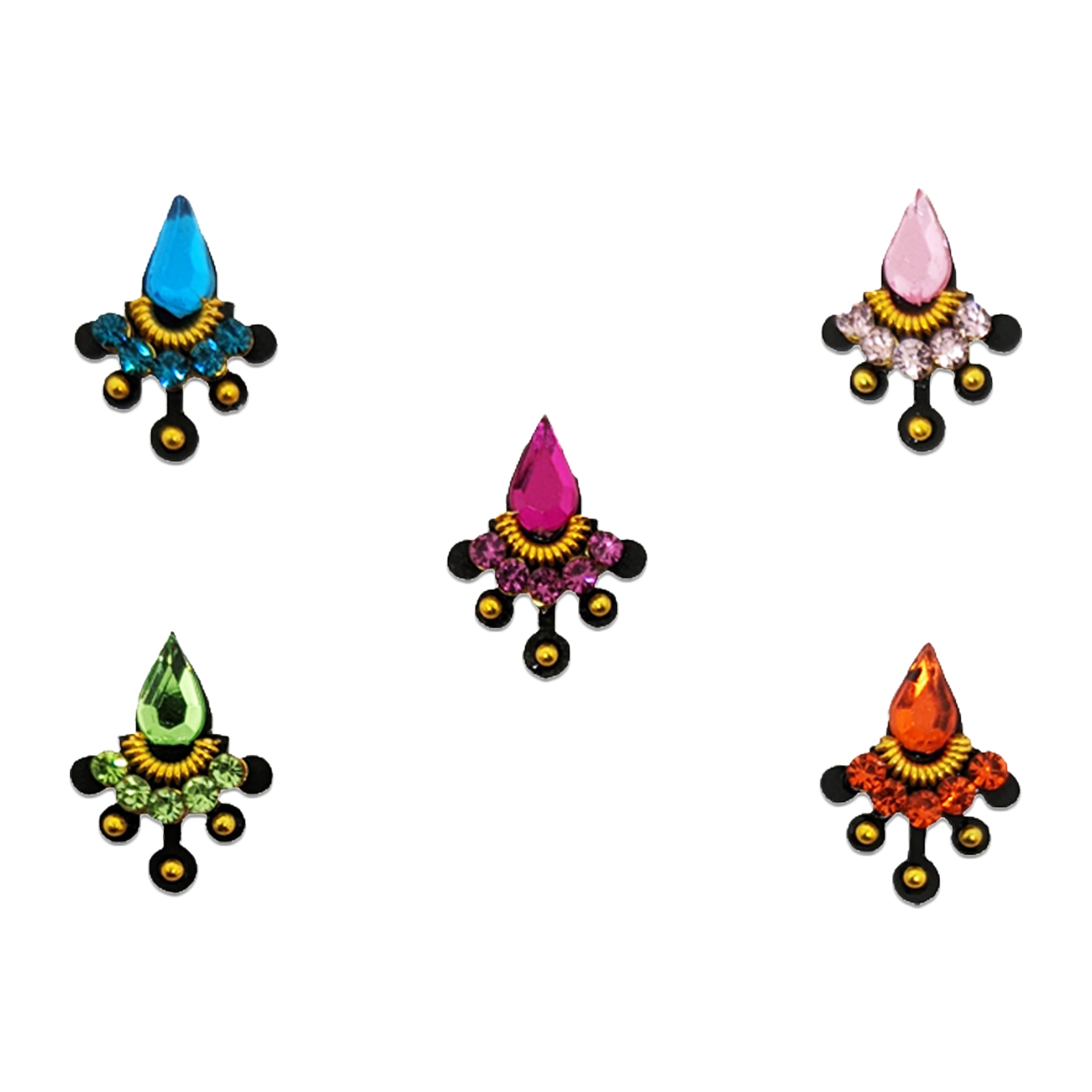 Comet Busters multicolor diya-shaped bindis featuring glossy teardrop stones with crystal accents and gold detailing in vibrant shades like red, blue, green, pink, orange, and purple for festive and traditional wear.