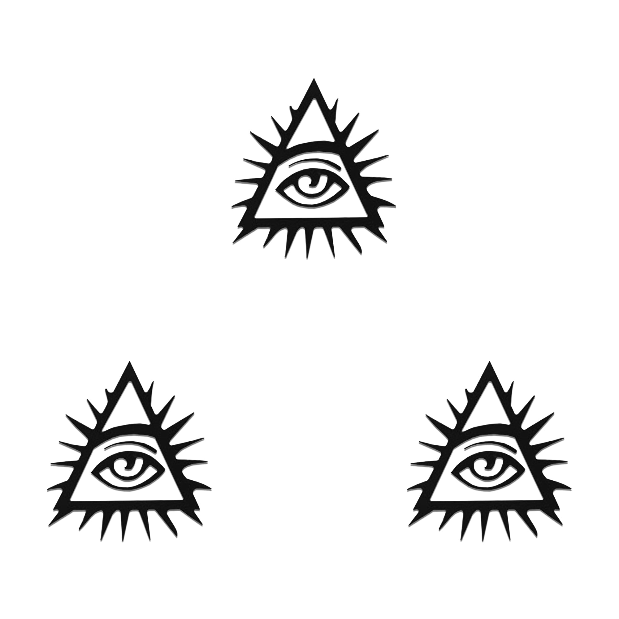 Comet Busters black All-Seeing Eye pyramid designer bindi set featuring a triangle with a central eye and radiant sunburst detailing, reusable skin-friendly forehead stickers for women and girls.