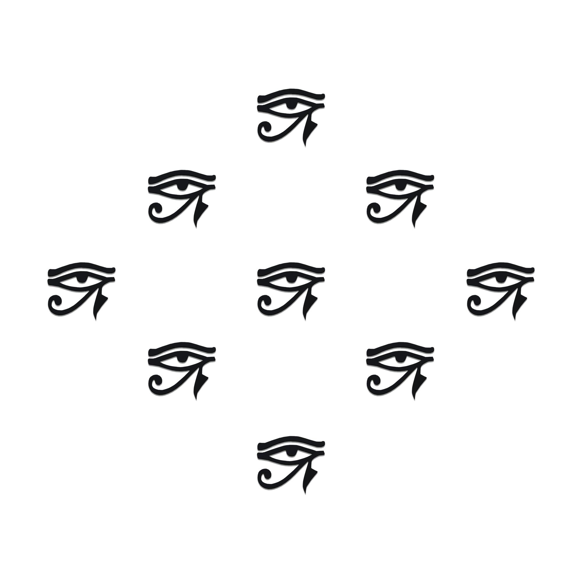 Comet Busters Eye of Horus bindis featuring bold black ancient Egyptian eye symbols for spiritual protection, mystical fashion styling, fusion ethnic wear, festival looks, and statement forehead art. Peel-and-stick designer bindis with a modern symbolic aesthetic.