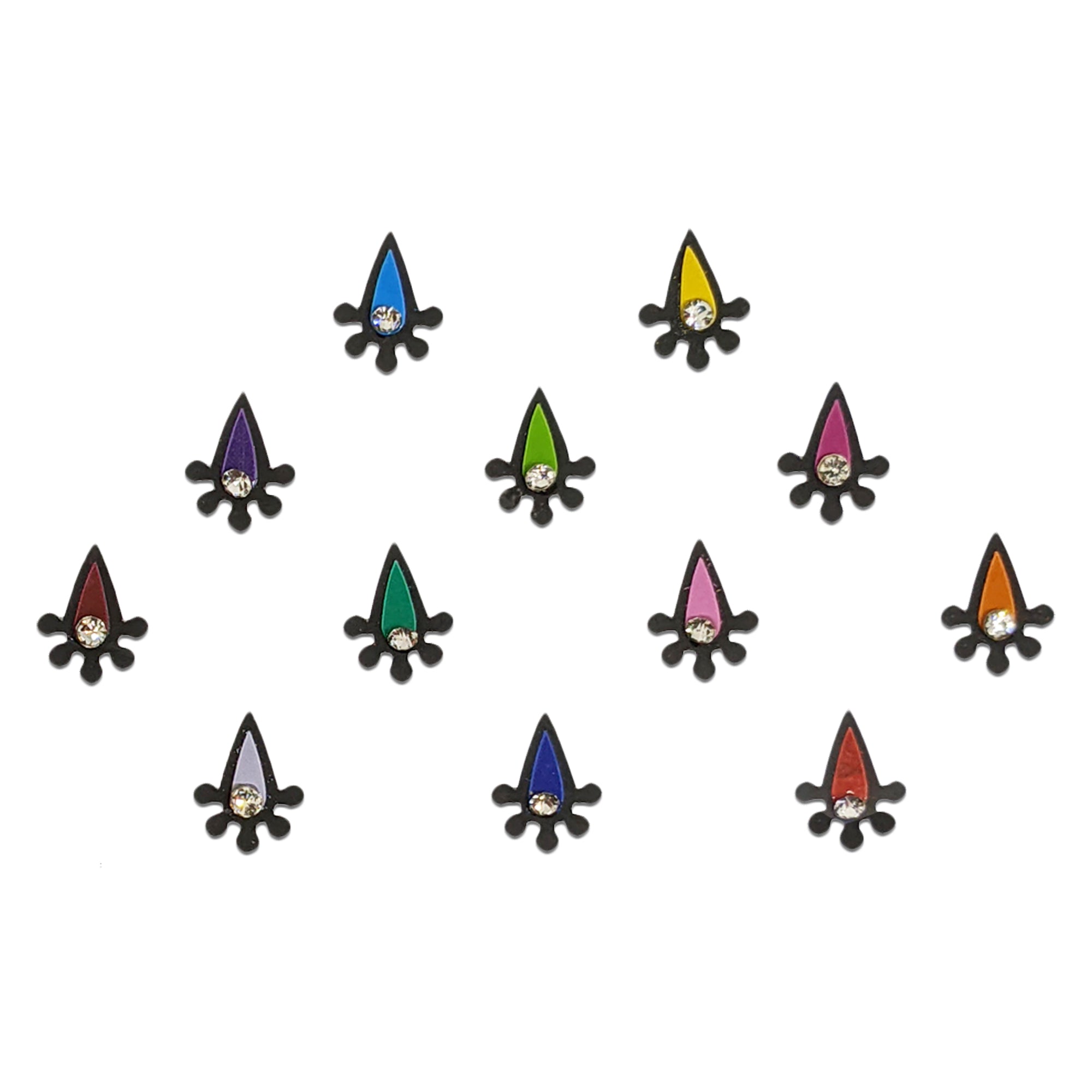 Comet Busters multicolor arrow-shaped designer bindi with crystal stone accent and decorative black detailing for women.