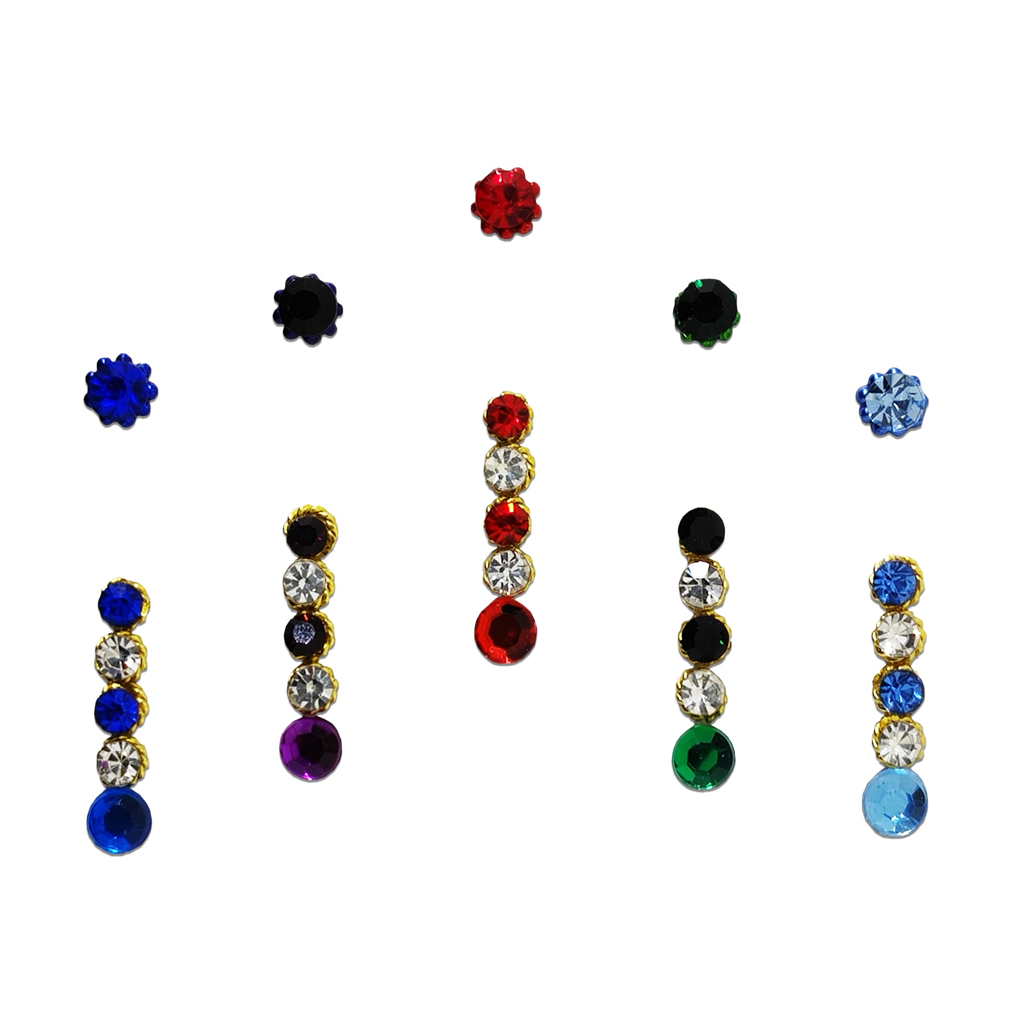 Comet Busters premium multicolor crystal line designer bindi with rhinestone detailing and vertical stone pattern for festive and partywear styling.
