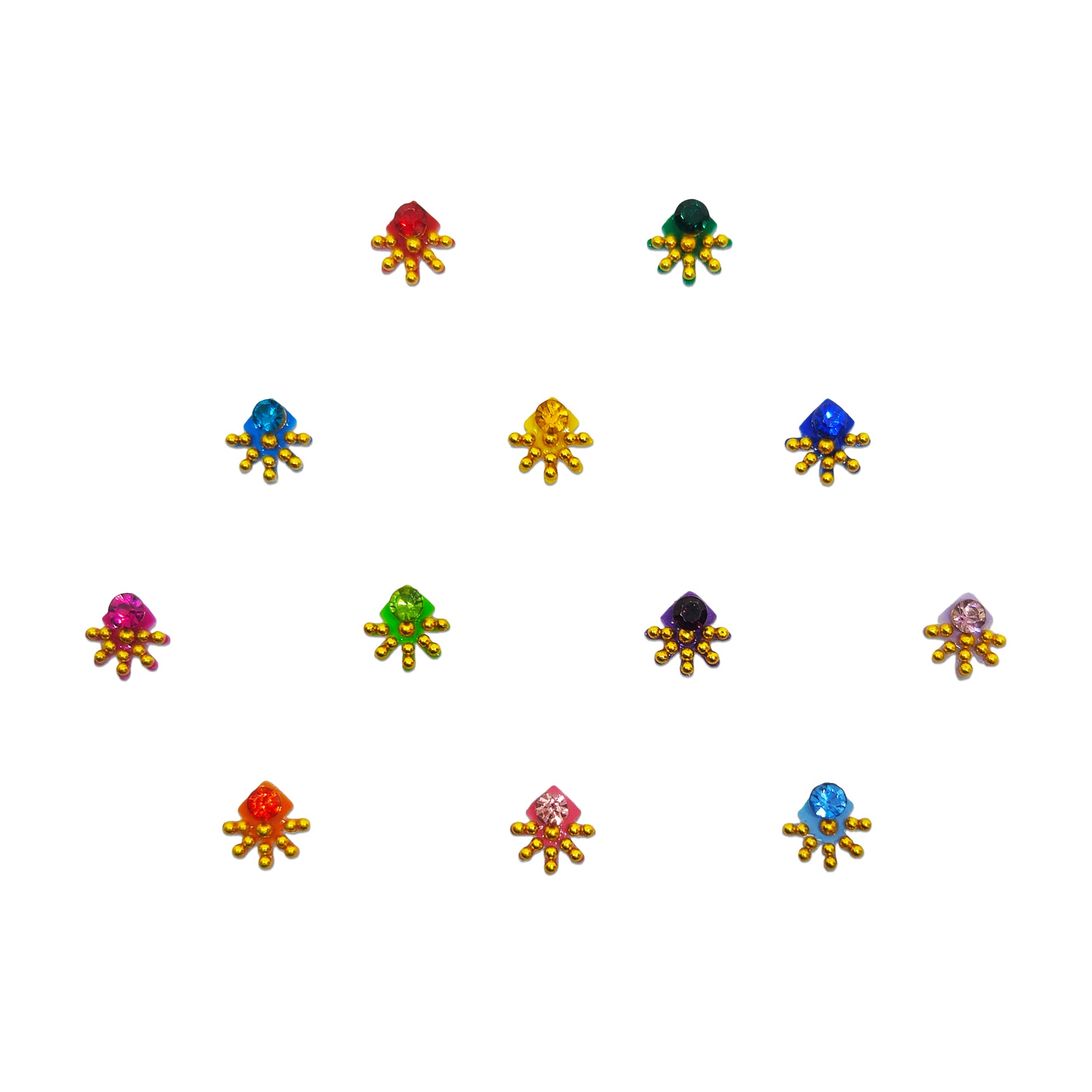 Comet Busters Multicolor fancy bindis featuring sparkling crystal stones with -style gold bead detailing in shades of red, green, blue, pink, purple, orange, and yellow for festive and traditional wear.
