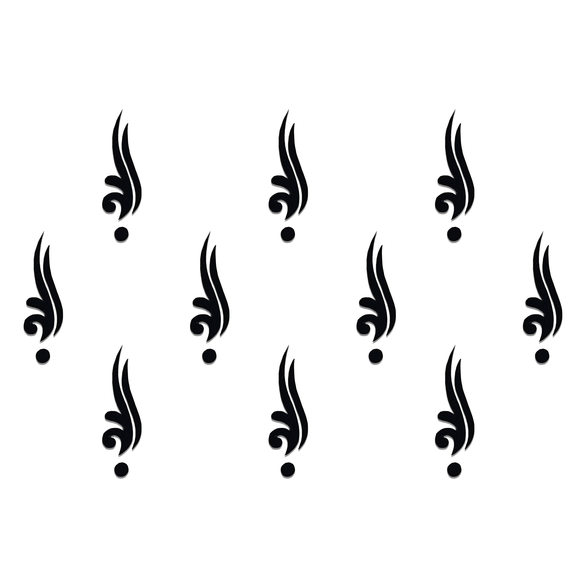 Comet Busters Flame Curve Designer Bindi featuring a sleek black flowing flame-inspired motif with a minimalist artistic design. Self-adhesive forehead bindi for women and girls, ideal for festive occasions, weddings, parties, dance performances, traditional wear, Indo-western outfits, and everyday ethnic styling.