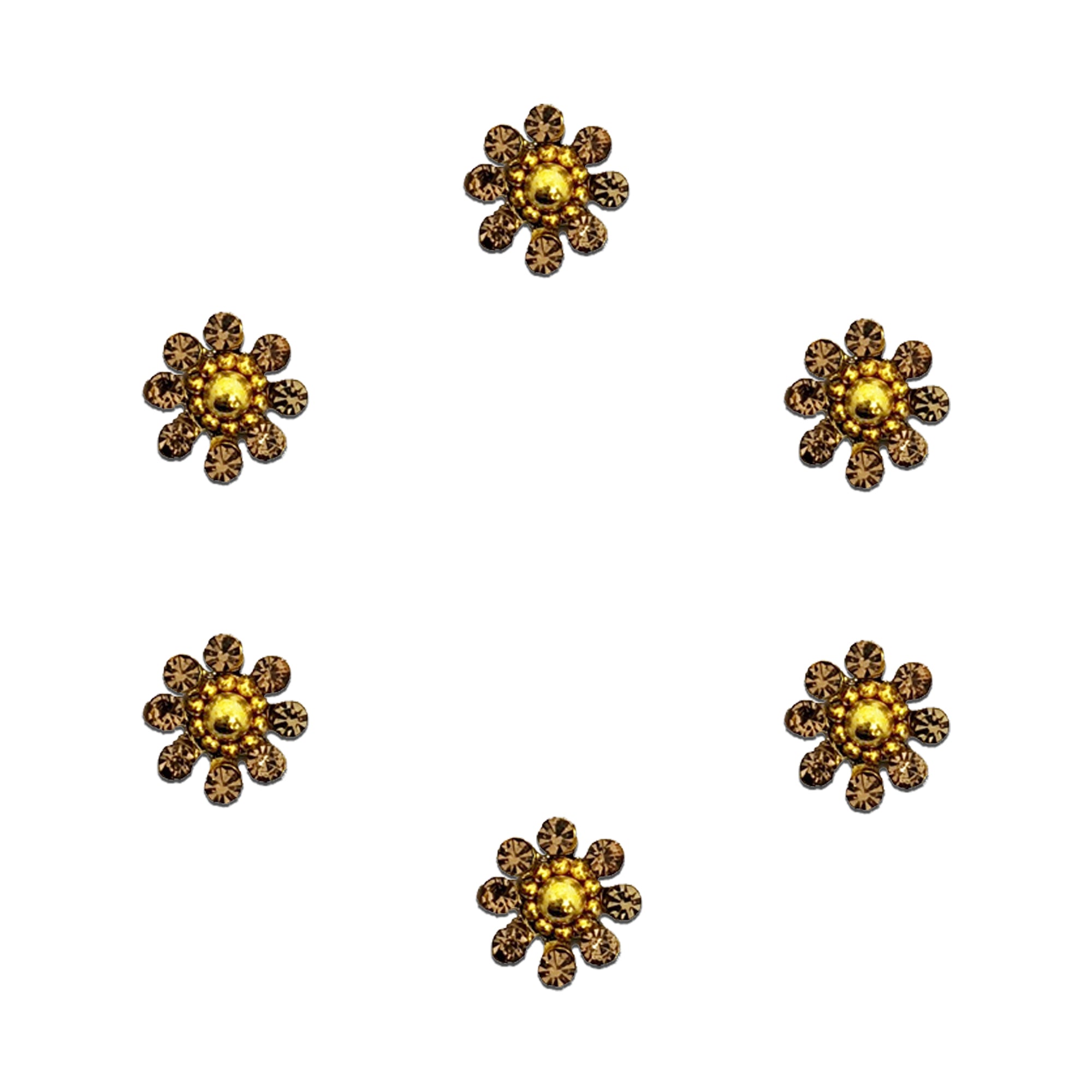 Comet Busters antique gold floral bindis featuring a raised golden center surrounded by sparkling petal-shaped stone detailing in an elegant sunflower-inspired traditional designer pattern.