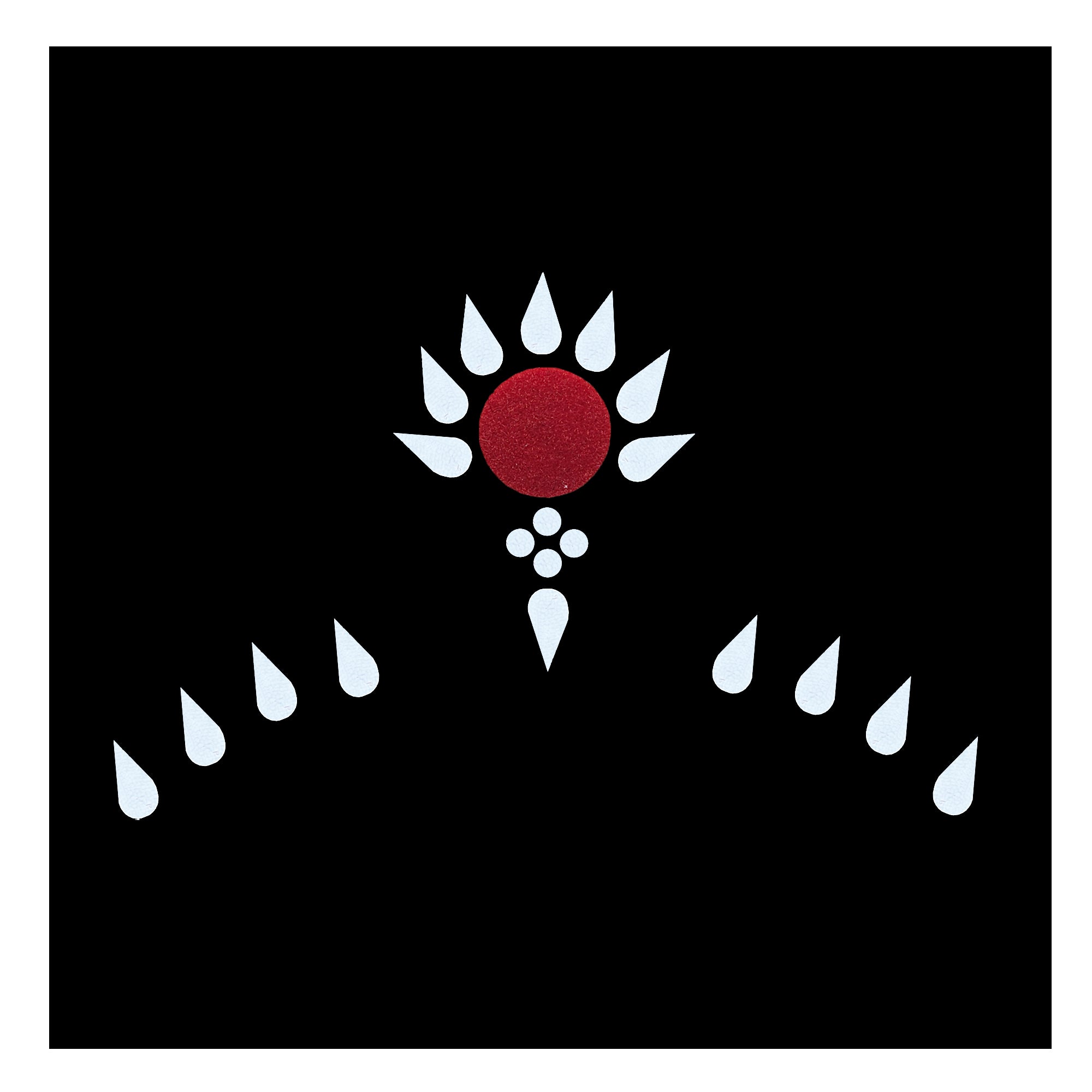 Comet Busters floral arch designer bindis featuring a central red round velvet bindi with white teardrop-shaped bindis arranged in a flower and curved side pattern on black and white backgrounds, elegant self-adhesive traditional bindi set for women and girls.