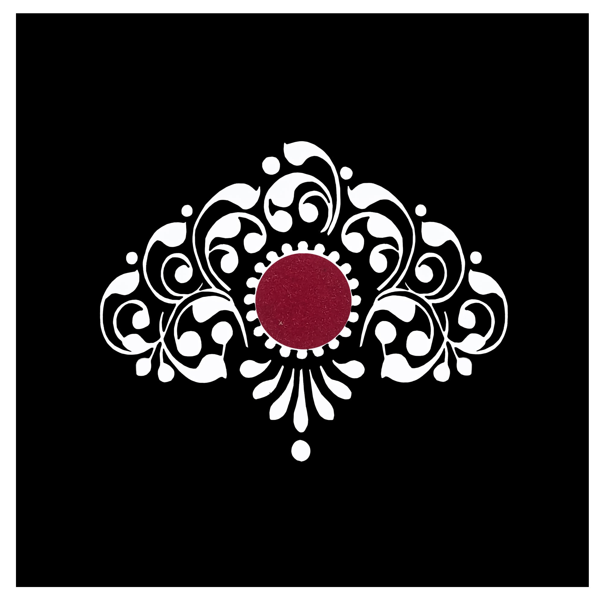 Comet Busters royal floral vine bridal bindi featuring an intricate white ornamental filigree design with a bold red velvet center dot. Elegant peel-and-stick forehead bindi ideal for weddings, festive occasions, traditional Indian wear, classical dance, and ethnic styling.