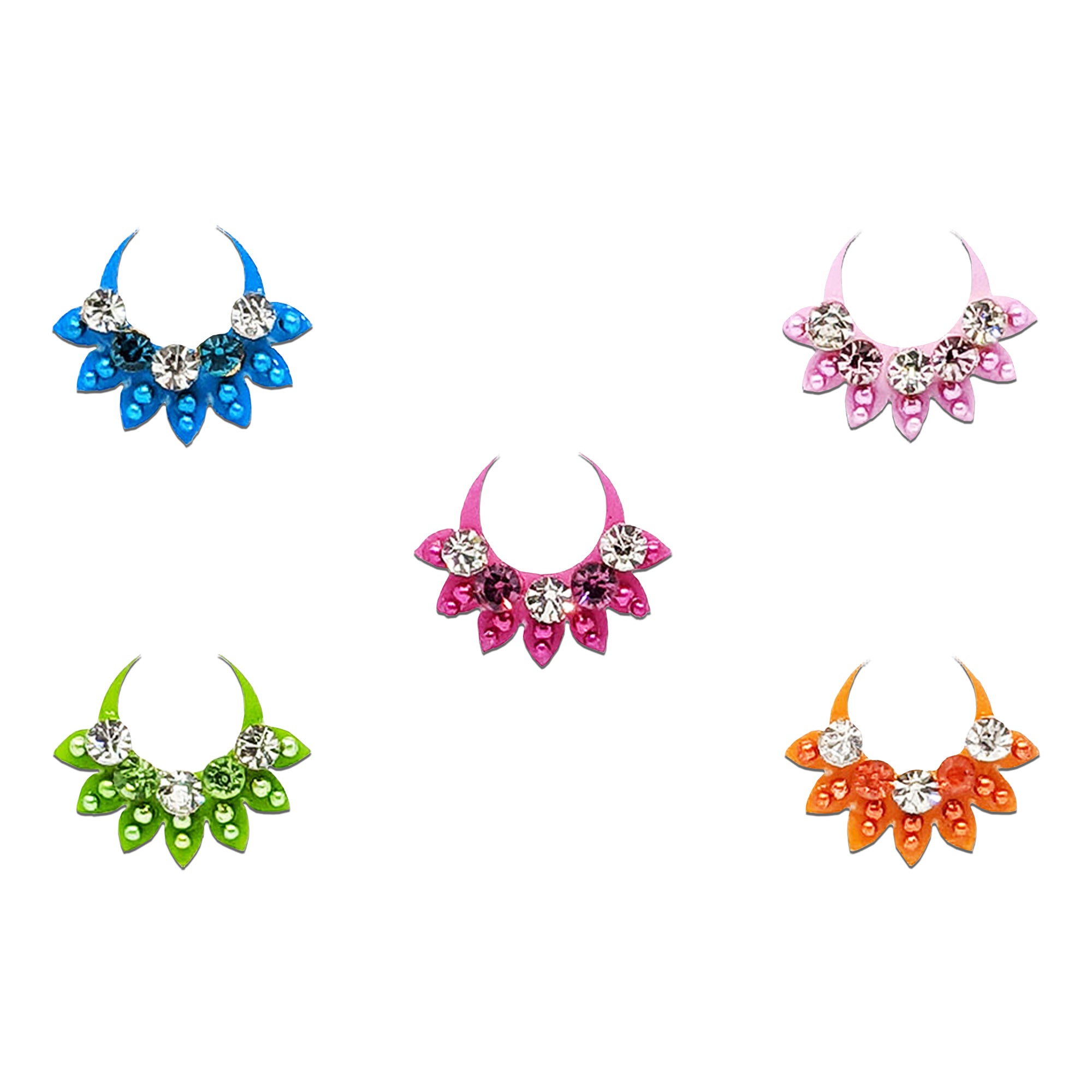 Comet Busters multicolor crescent floral designer bindis featuring petal-shaped enamel detailing with sparkling crystal stones in blue, pink, green, orange, and light pink shades for festive ethnic wear.