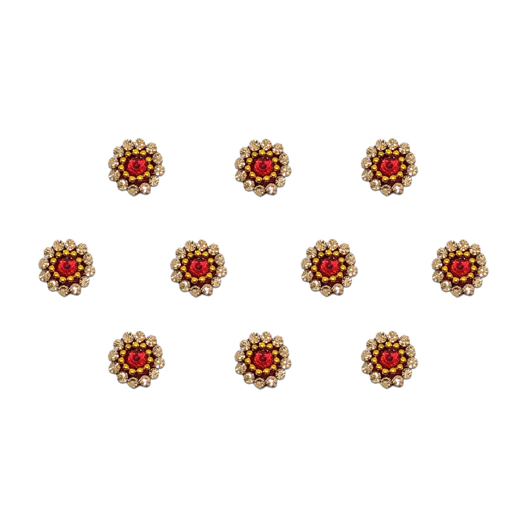 Comet Busters Royal Ruby Floral Stone Bindi featuring a vibrant red center stone surrounded by golden micro beads and sparkling crystal petals in a flower-inspired design. Premium self-adhesive bindi perfect for bridal wear, festivals, weddings, and traditional occasions.