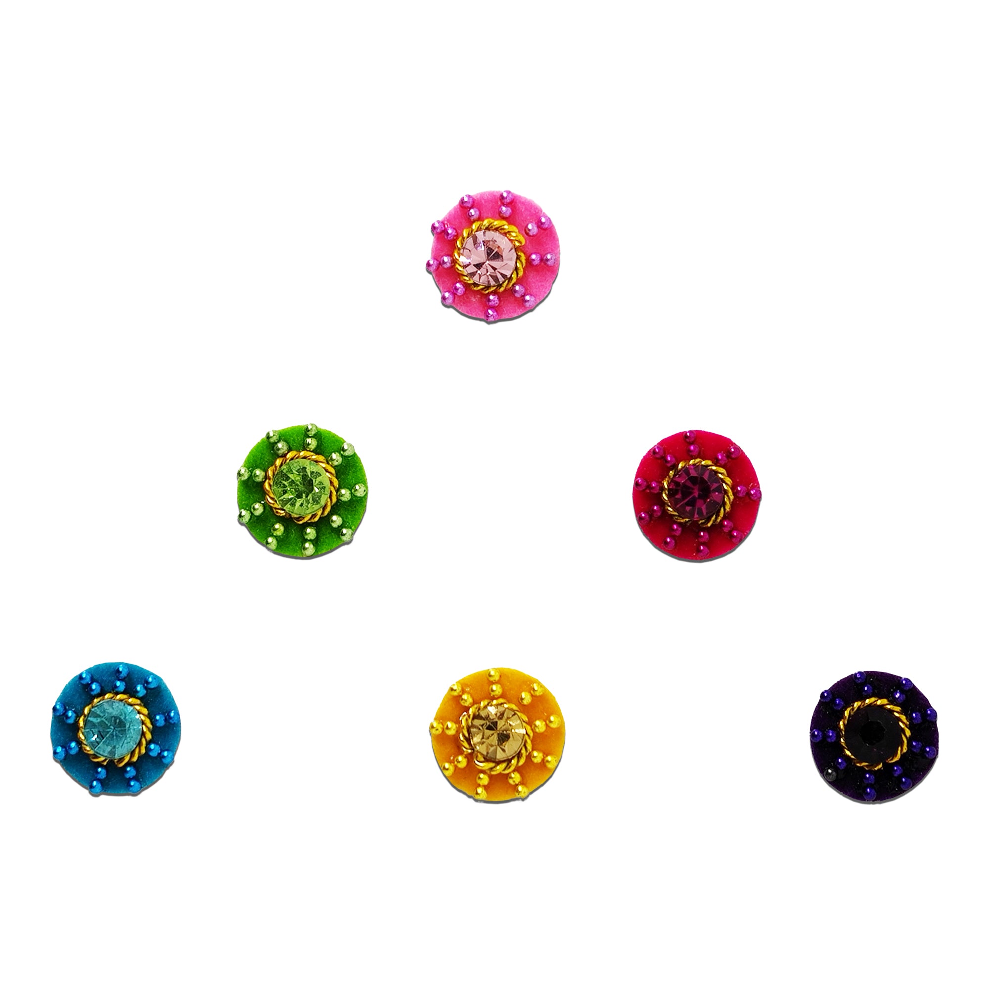 Comet Busters Round floral designer bindi with a central crystal stone and decorative bead accents, available in multiple vibrant colors.