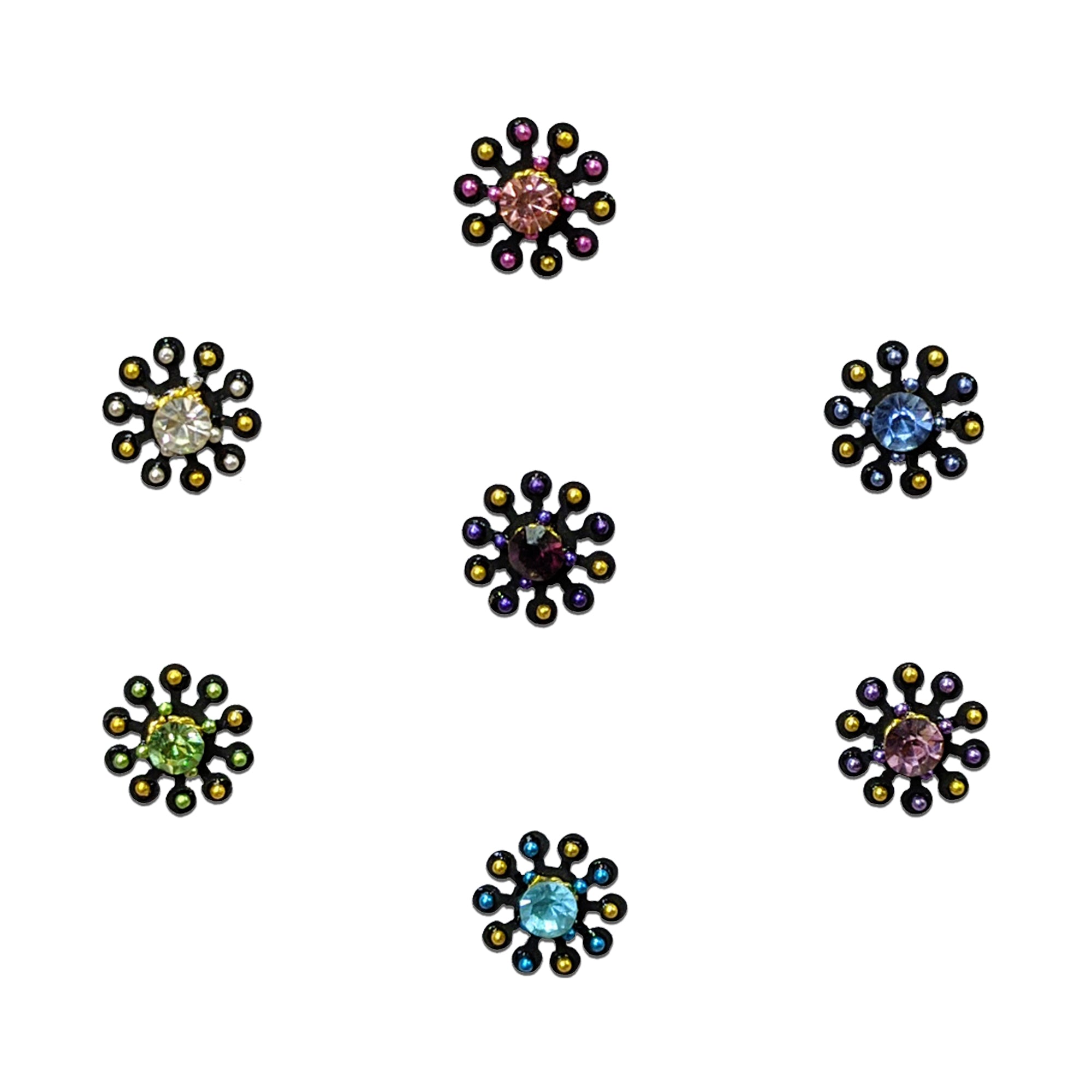 Comet Busters Colorful floral designer bindi with crystal center stone, beaded detailing, and handcrafted flower design, perfect for traditional, festive, bridal, and ethnic wear.