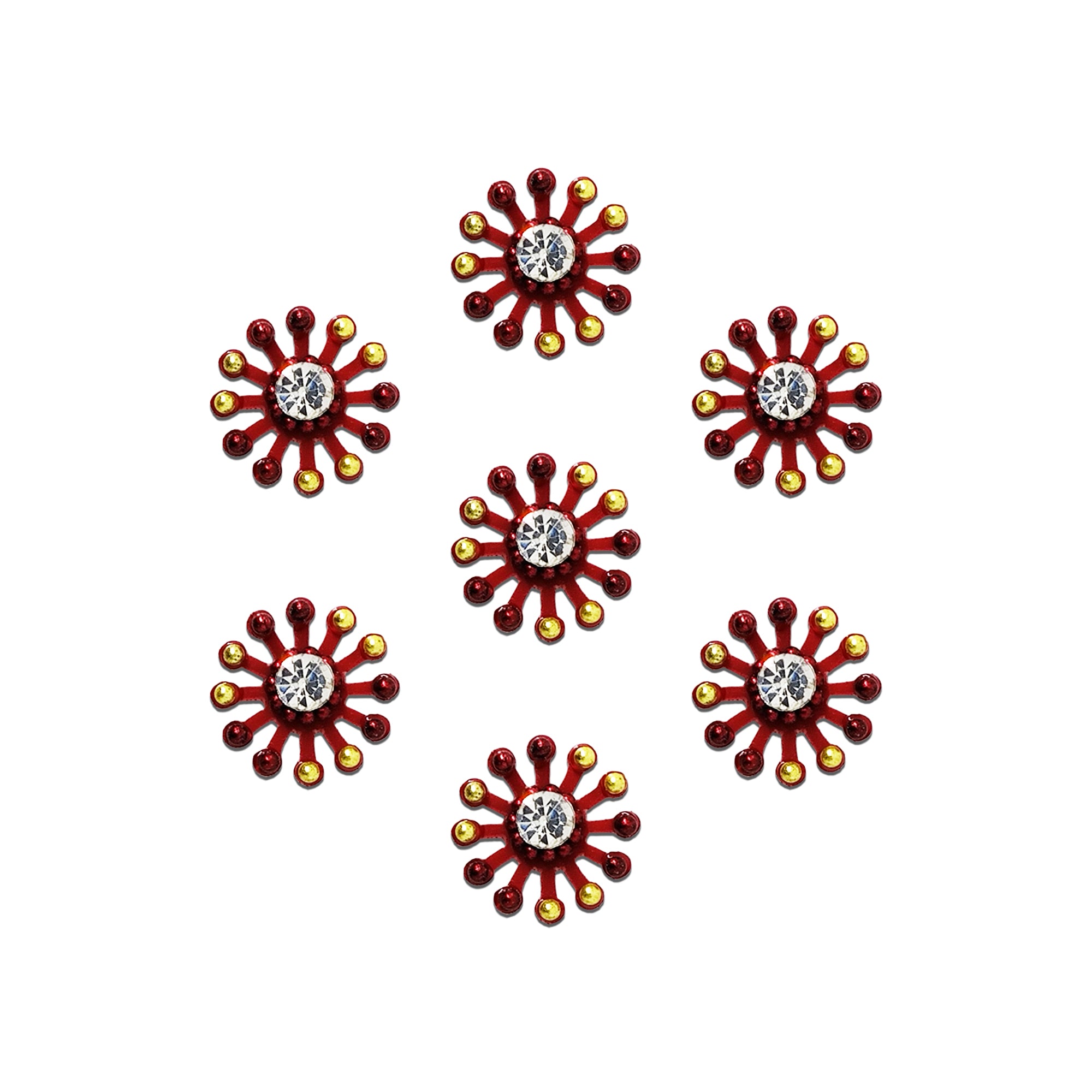 Comet Busters red floral chakra designer bindis featuring a sparkling white crystal center surrounded by red and gold petal accents, self-adhesive bindis for women and girls.