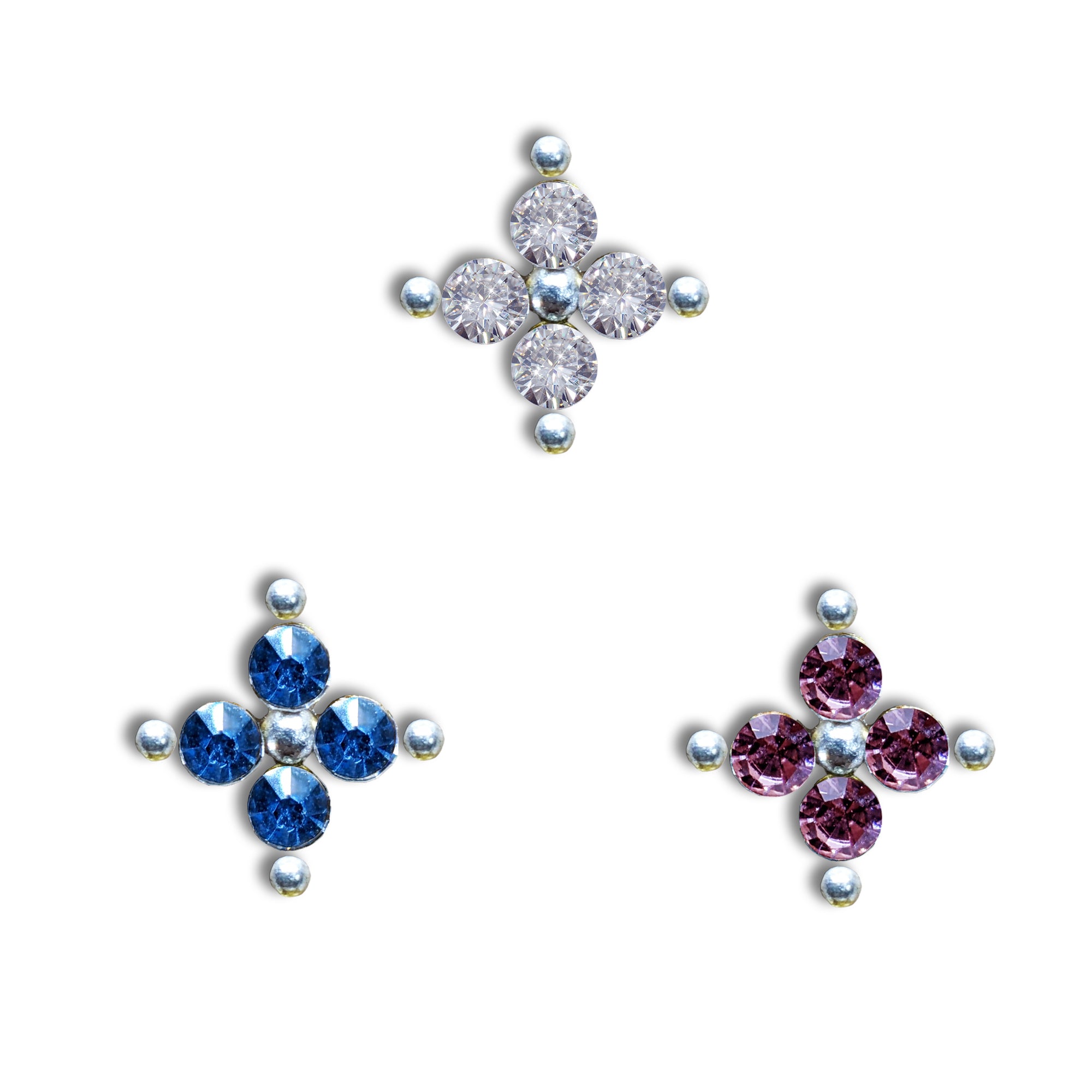Comet Busters floral stick-on nose stud with four sparkling round crystals and silver-tone bead accents, available in clear, blue and pink