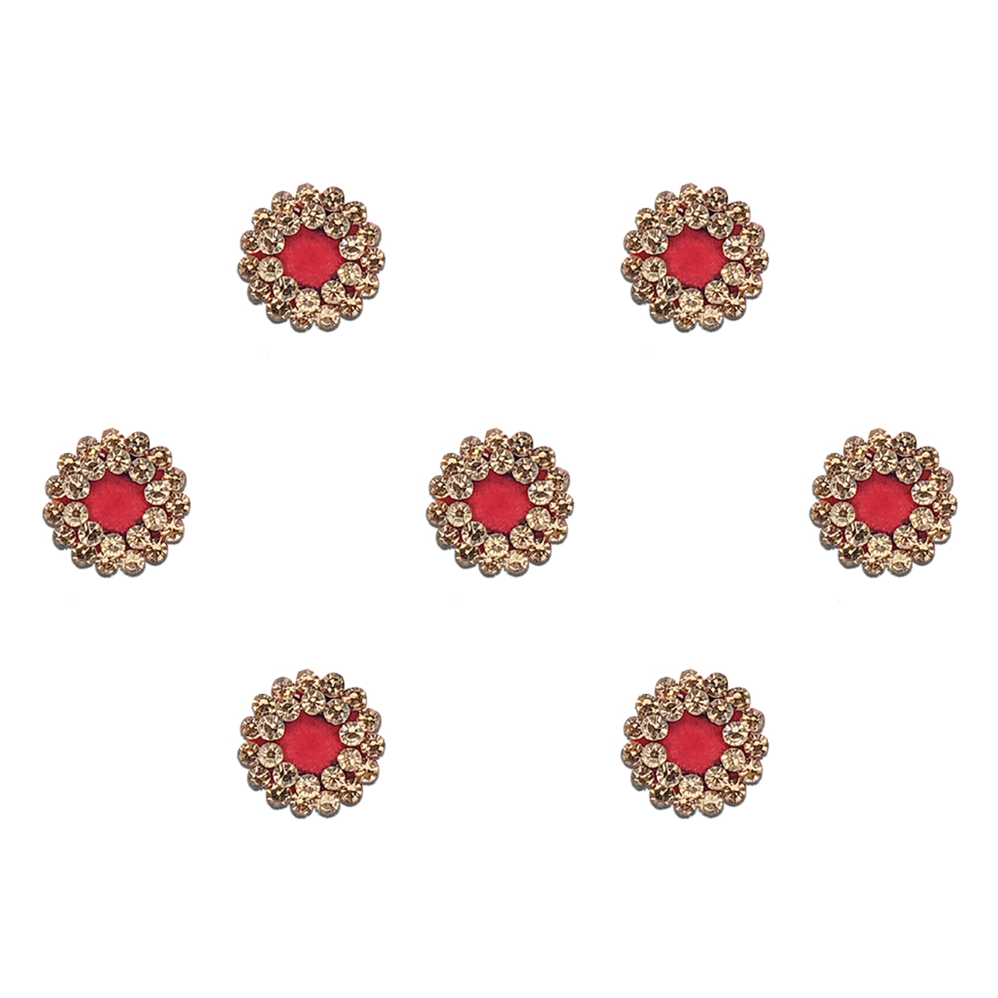 Comet Busters red floral bindis featuring sparkling crystal stone petals arranged in a round flower design for festive, ethnic, and traditional wear styling.
