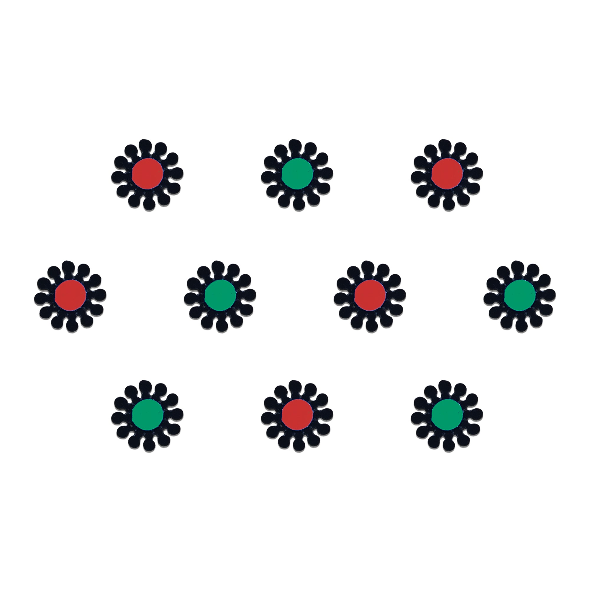 Comet Busters black flower-shaped velvet bindis with alternating red and green center dots, featuring a classic floral design for festive, ethnic, traditional, and everyday wear for women and girls.