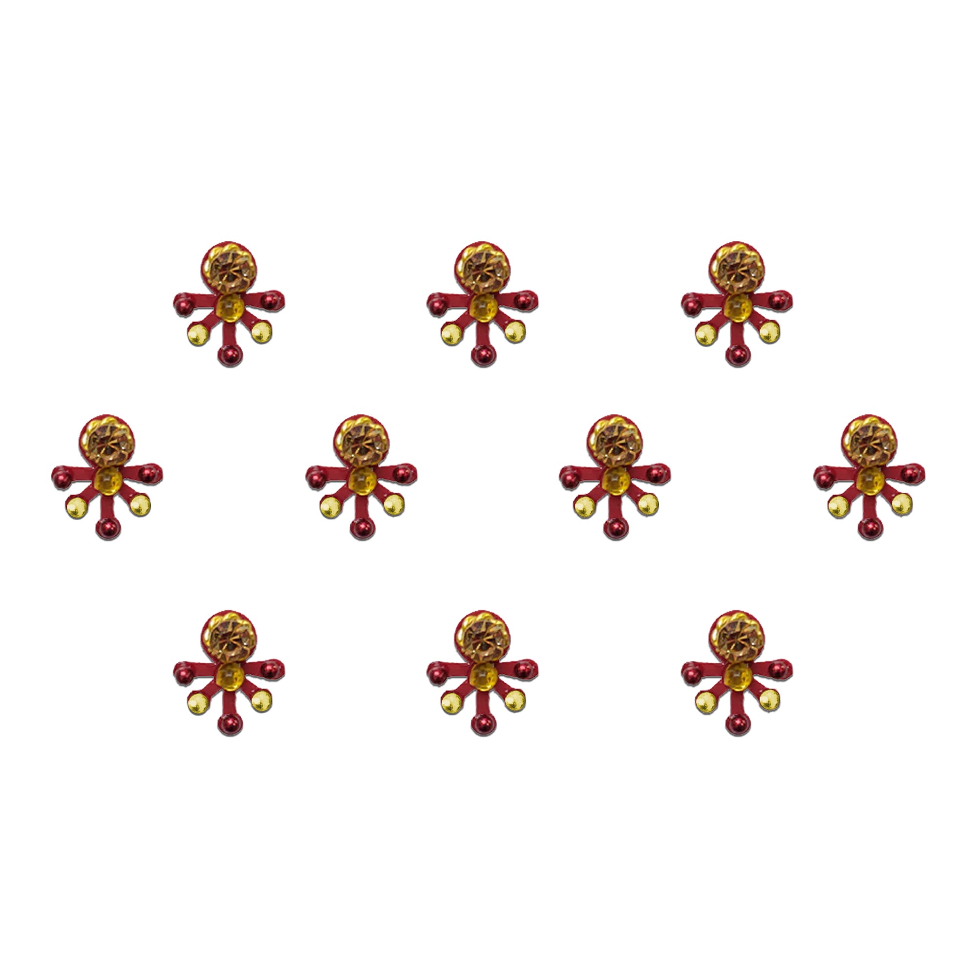 Comet Busters red floral drop designer bindis featuring a golden crystal top, red decorative petals, and gold bead accents, self-adhesive bindis for women and girls.