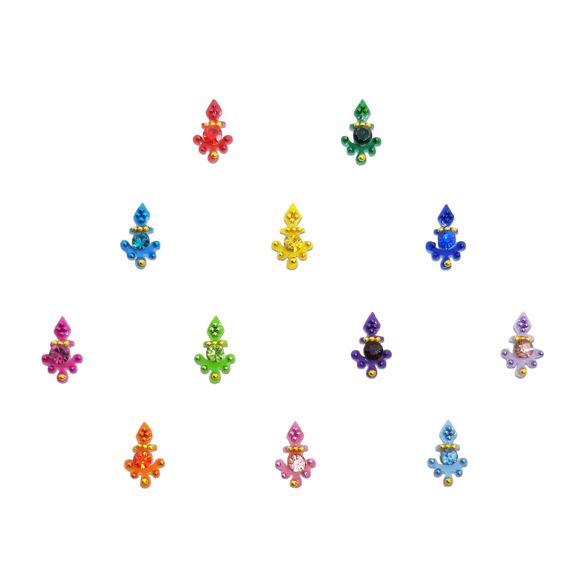 Comet Busters multicolor floral drop stone bindis featuring sparkling round crystal stones with gold bead accents in blue, pink, green, purple, orange, yellow, red, and pastel shades for festive, ethnic, and traditional wear.