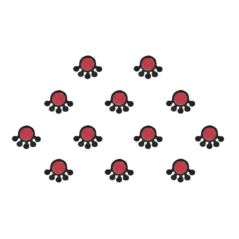 Comet Busters Floral Halo Designer Bindi featuring a red round center bordered in black with six petal-like black accent dots forming a graceful floral arch. Soft velvet finish, self-adhesive, lightweight, and comfortable to wear. Ideal for women and girls for festivals, weddings, Navratri, Diwali, pooja, temple visits, classical dance performances, and everyday traditional ethnic styling.