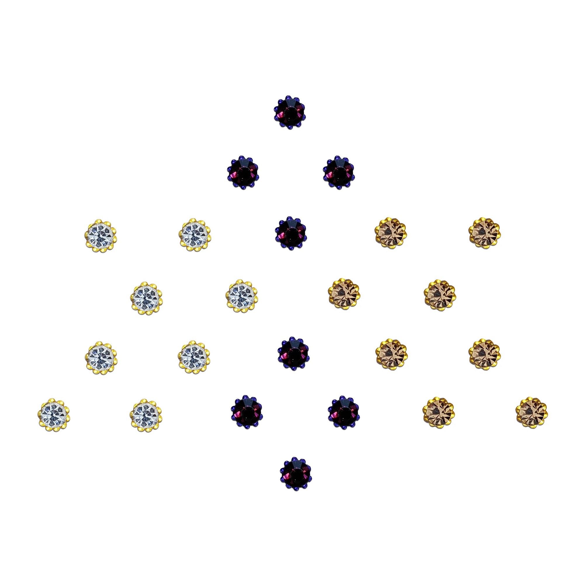 Comet Busters Stone Bindi Set featuring premium floral rhinestone bindis in deep amethyst purple, clear crystal, and champagne gold shades with elegant gold-toned settings. Self-adhesive reusable designer bindis for women and girls, ideal for weddings, festivals, bridal wear, Navratri, Diwali, parties, and traditional ethnic outfits.