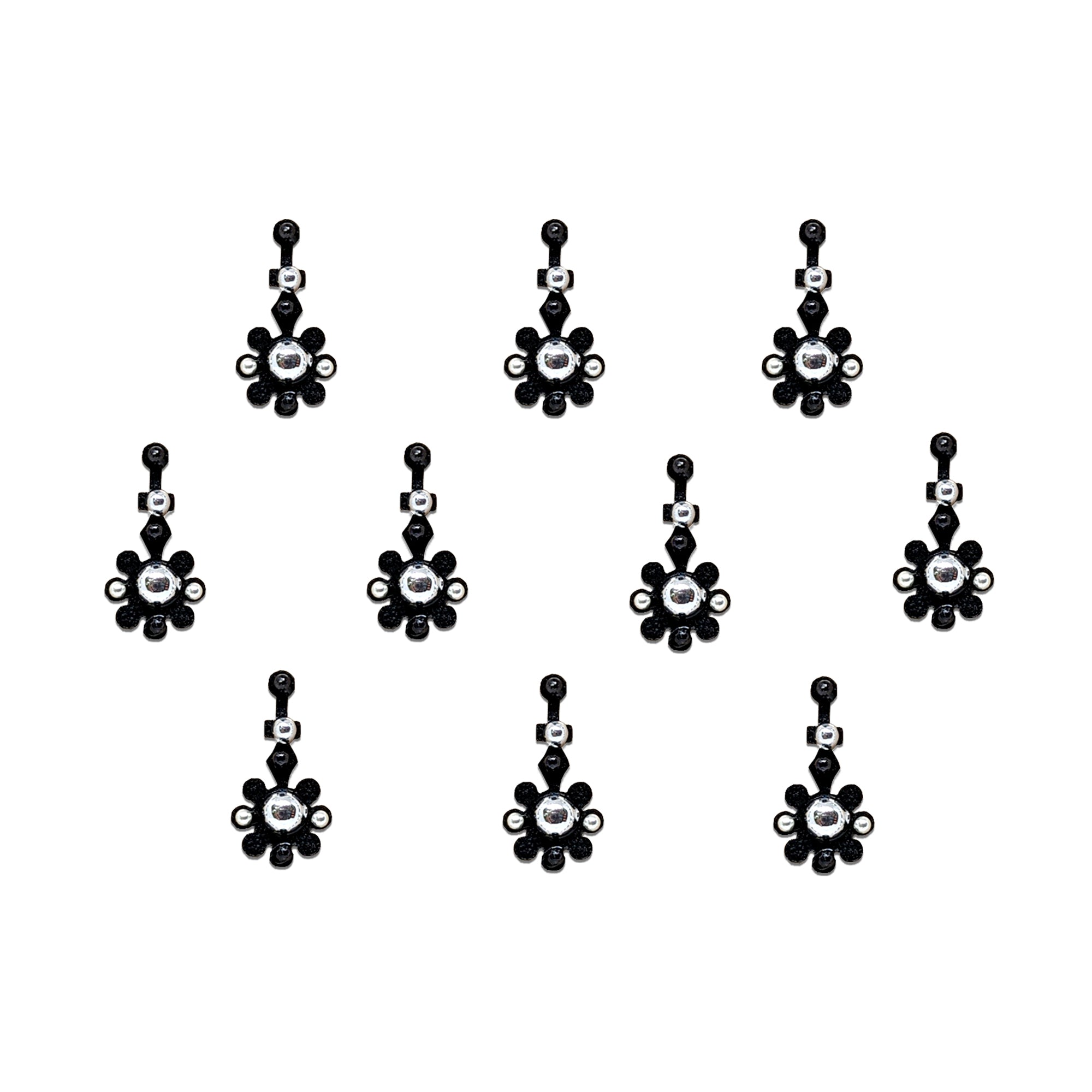 Comet Busters black flower designer bindis with crystal stone center and floral pattern.