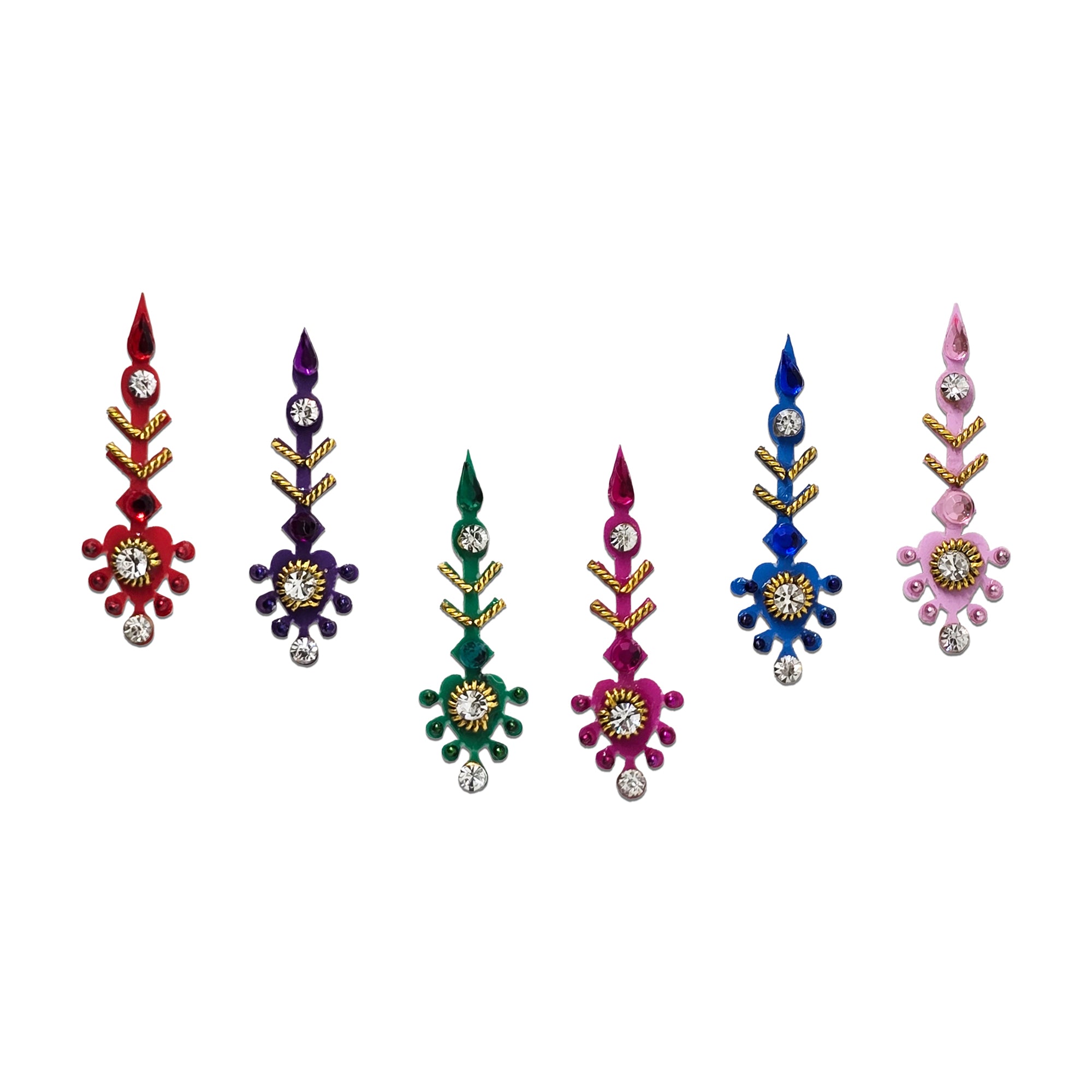Comet Busters Multicolor Floral Crystal Drop Designer Bindi set featuring elegant bindis in green, blue, red, orange, pink, and lavender with teardrop accents, floral enamel petals, gold detailing, and sparkling crystal stones. Premium self-adhesive reusable bindis for women and girls, perfect for weddings, festivals, parties, bridal wear, classical dance, and traditional ethnic styling.