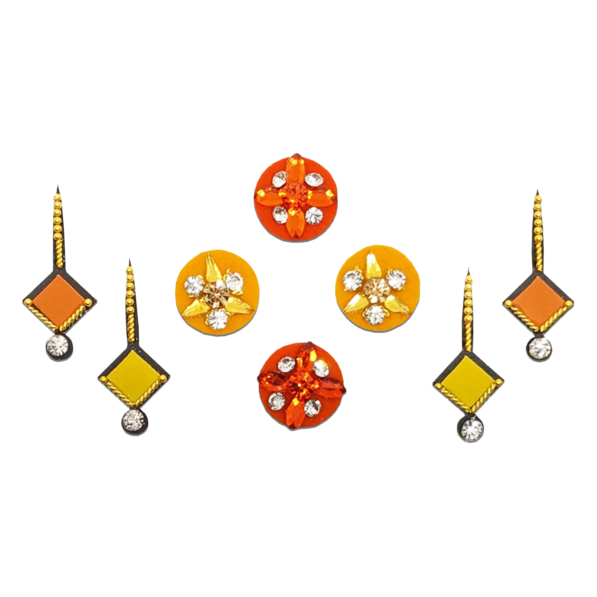Comet Busters orange and yellow designer bindis with crystal stones
