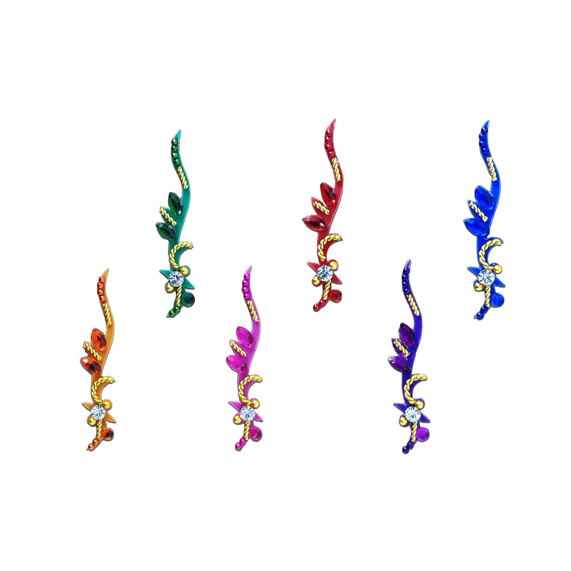 Comet Busters Floral Vine Crystal Designer Bindi featuring an elegant curved vine design with leaf motifs, gold detailing, and a sparkling crystal centerpiece. Available in assorted colors including orange, green, red, pink, purple, and blue. Self-adhesive designer bindi for women and girls, perfect for weddings, festive celebrations, Navratri, Diwali, pooja, temple visits, dance performances, and traditional Indian ethnic wear.