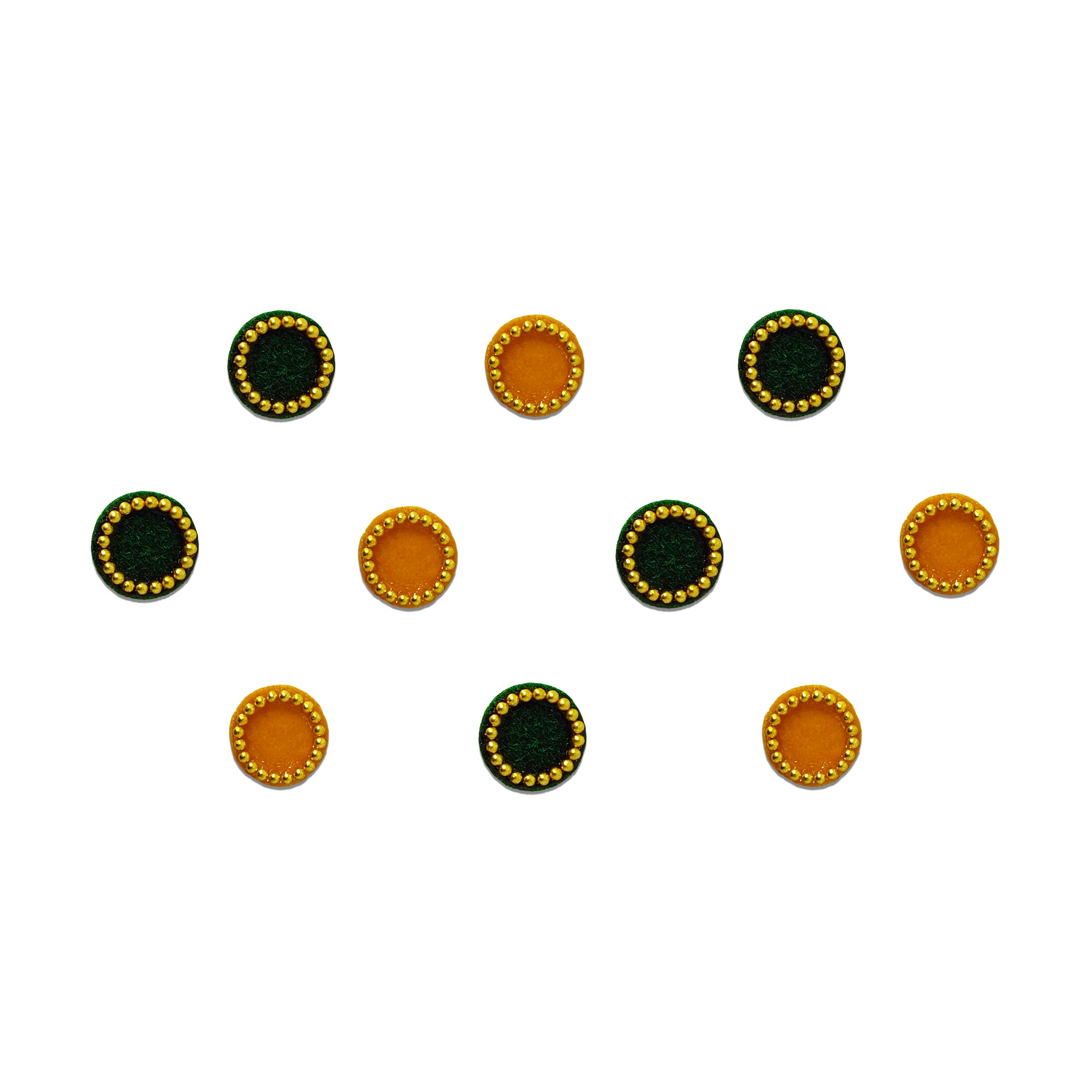 Comet Busters Forest Green & Mustard Velvet Round Bindi featuring alternating forest green and mustard yellow velvet round bindis with elegant gold beaded borders. Self-adhesive forehead bindis for women and girls, perfect for weddings, festivals, Navratri, Garba, temple visits, cultural events, dance performances, and traditional or ethnic wear.