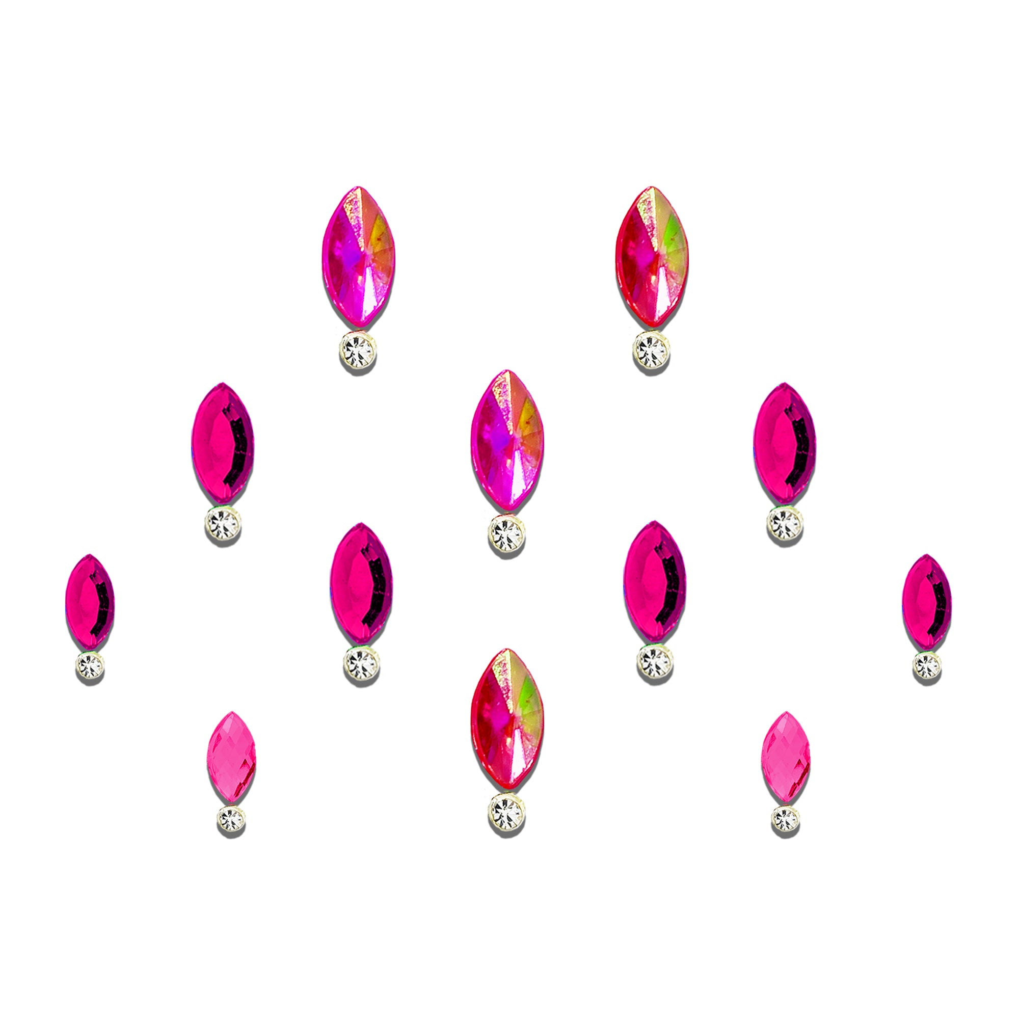 Comet Busters Fuchsia Radiance Navette Crystal Bindi featuring a vibrant fuchsia pink iridescent marquise-shaped crystal with a sparkling round crystal accent, self-adhesive designer bindi for women and girls, perfect for weddings, festive celebrations, Navratri, parties, cultural events, and elegant ethnic or fusion styling.