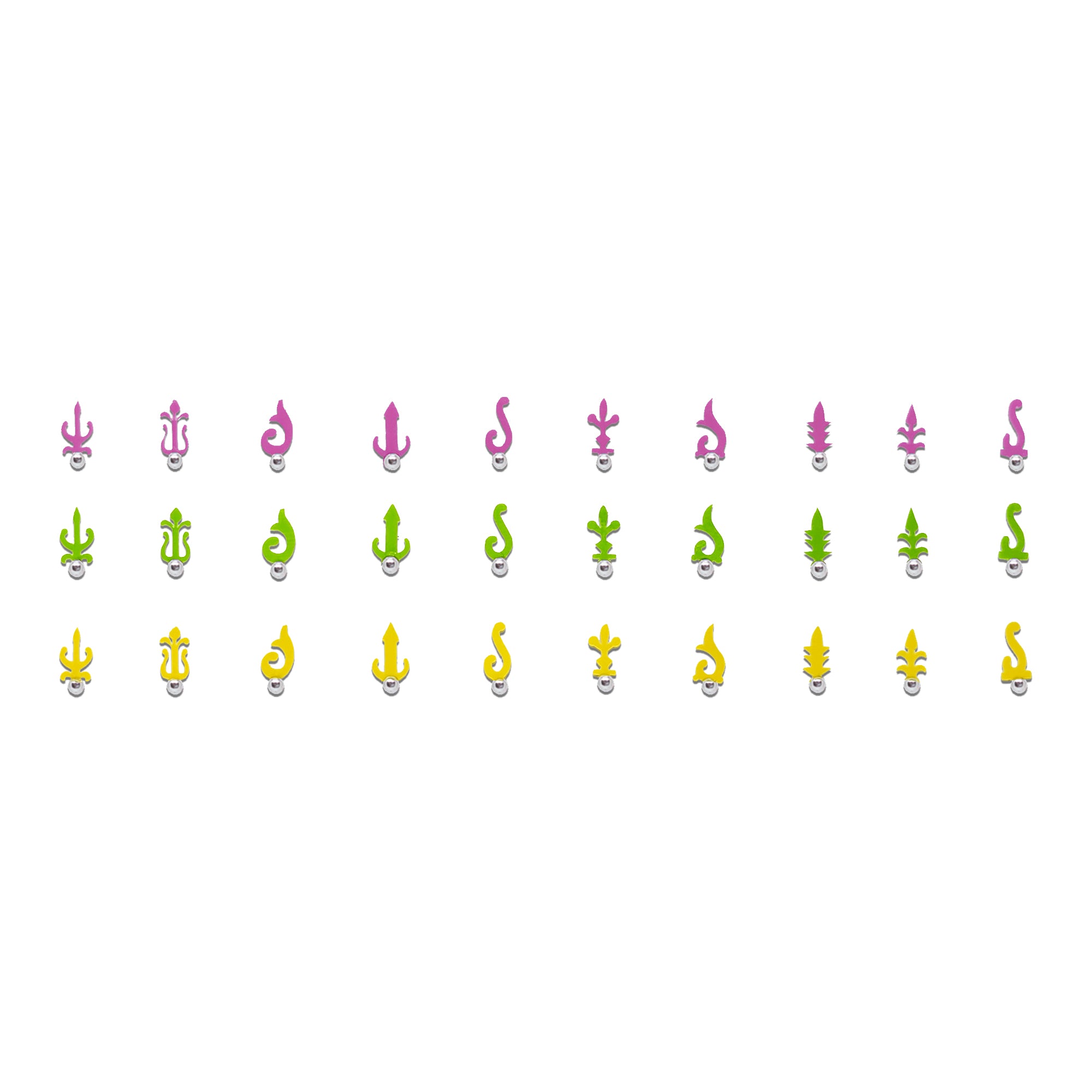 Comet Busters abstract designer bindis with multicolor sacred-inspired motifs in pink, green, and yellow shades