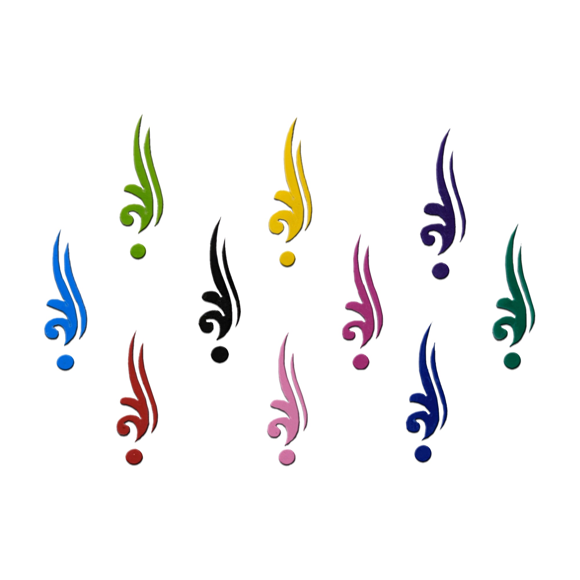 Comet Busters multicolor abstract swirl designer bindis with elegant curved patterns.