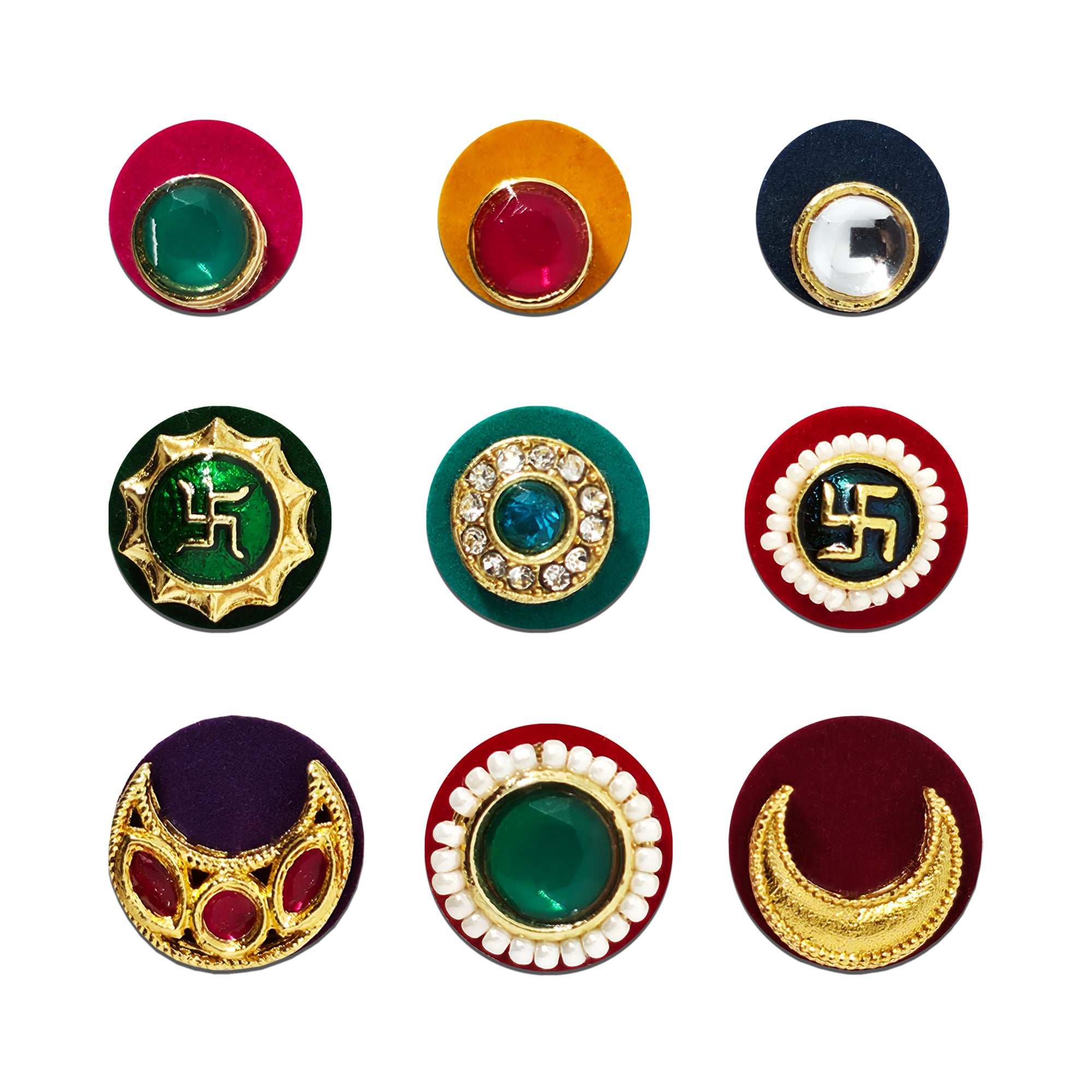 Indira by Comet Busters® Premium Spiritual Stone Designer Bindi Collection | Swastik, Crescent Moon & Gemstone Velvet Bindis for Women & Girls