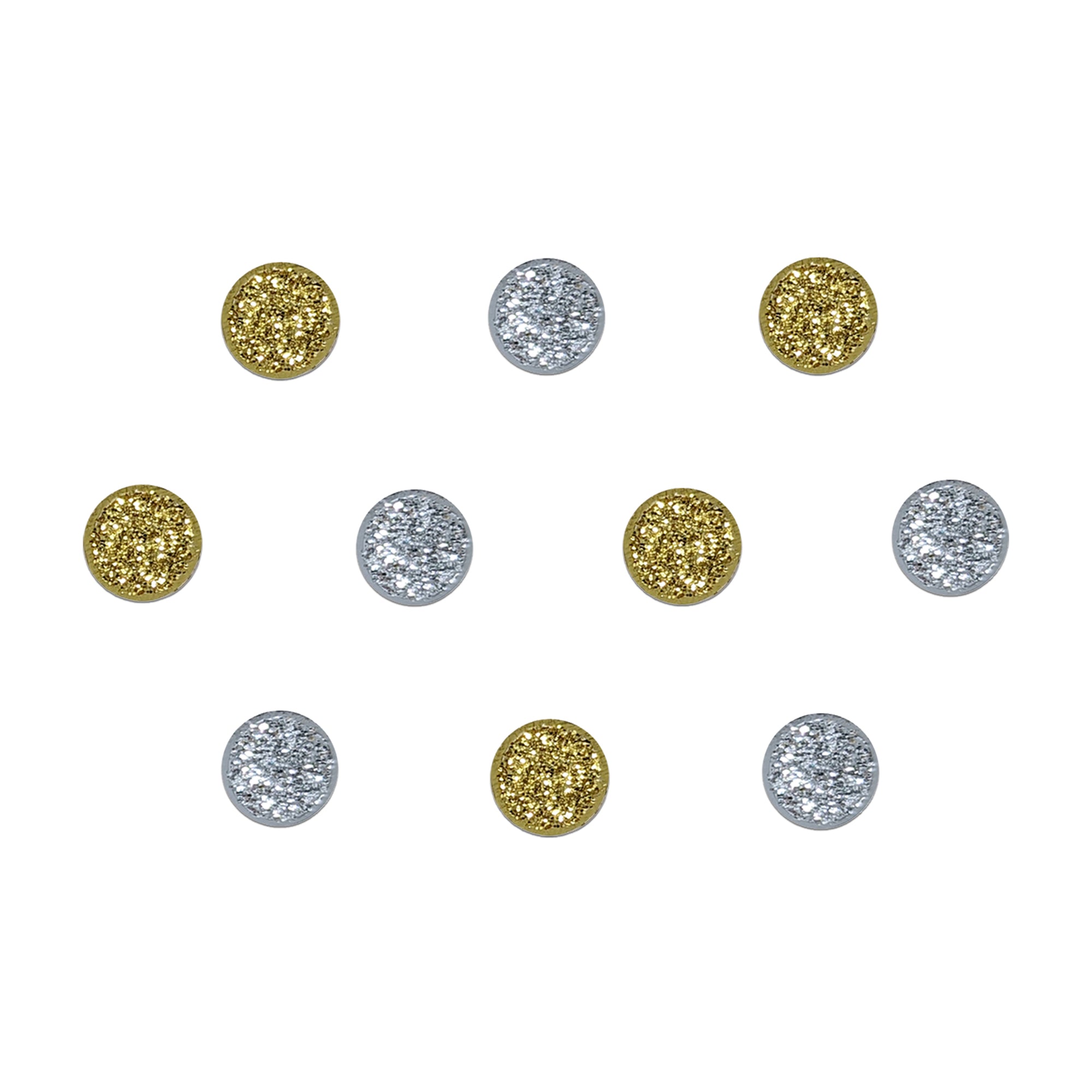 Comet Busters gold and silver glitter dot bindi with sparkling shimmer finish for festive and party wear.