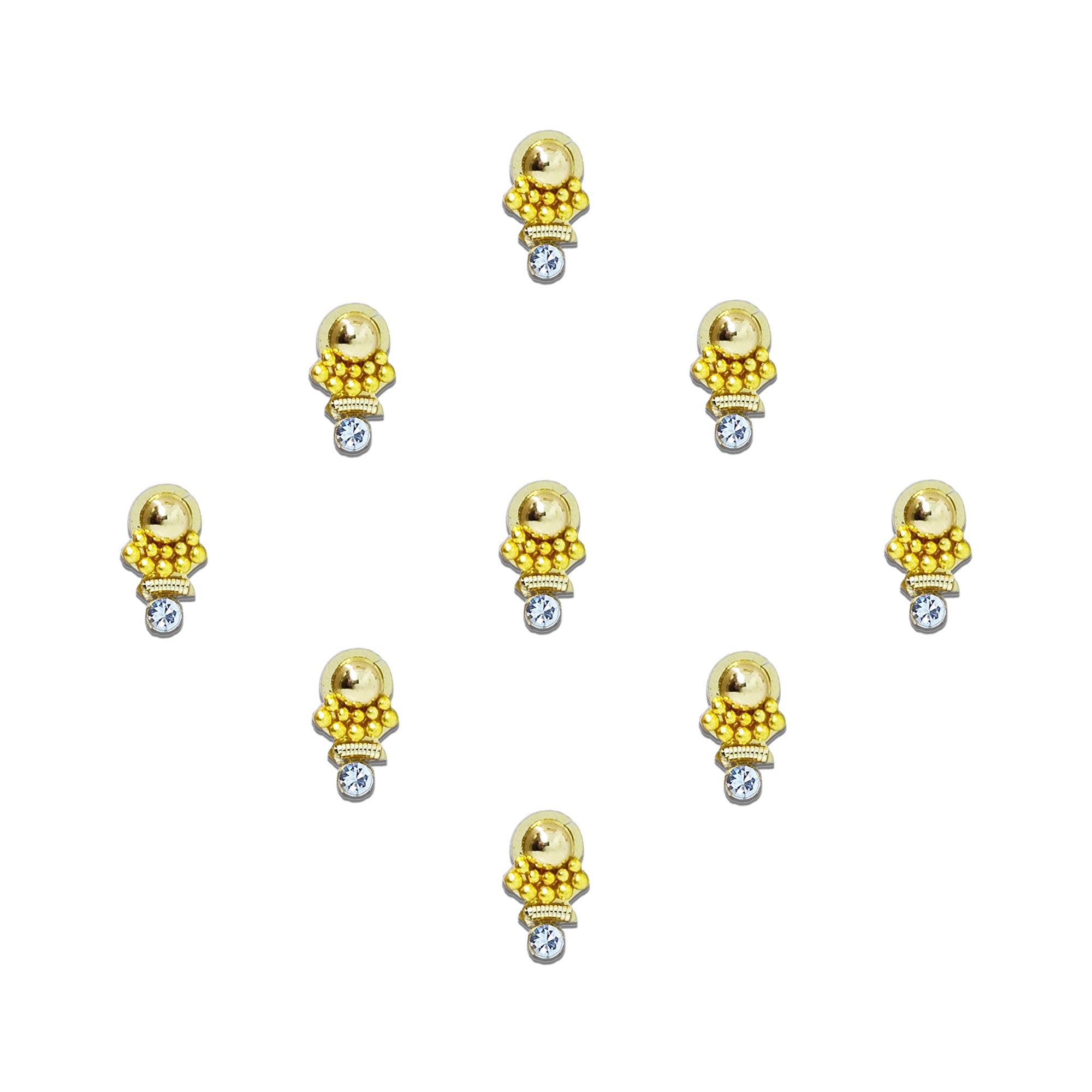 Comet Busters gold-tone designer bindis featuring a polished gold bead, intricate beaded detailing, and a single dangling white crystal. Self-adhesive forehead bindis perfect for weddings, festivals, bridal wear, puja, parties, and traditional ethnic outfits.
