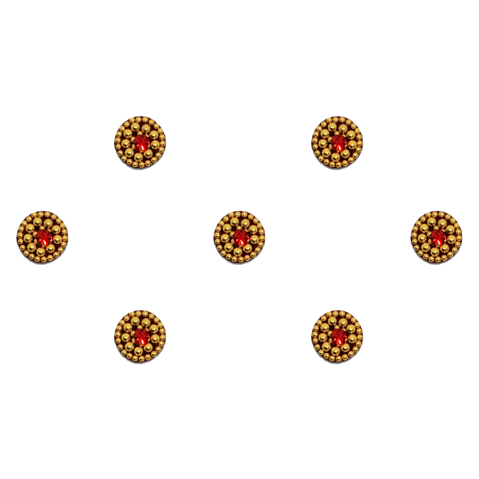 Comet Busters round bindi featuring a sparkling red center stone surrounded by intricate gold bead detailing in a circular design, perfect for weddings, festive celebrations, traditional ceremonies, and ethnic attire.