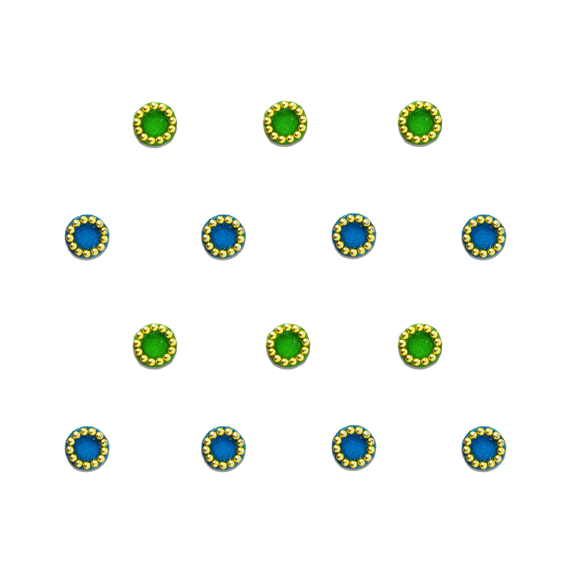Comet Busters Dual Tone Gold Beaded Round Velvet Bindi featuring classic circular velvet bindis with an elegant gold bead border in alternating emerald green and royal blue colors. Self-adhesive ethnic bindis for women and girls, perfect for traditional wear, daily wear, festive celebrations, Navratri, Diwali, Durga Puja, Karwa Chauth, Mehendi, Haldi, weddings, Sangeet, temple visits, cultural events, and beautifully complements sarees, lehengas, salwar suits, kurtis, anarkalis, and Indo-western outfits.