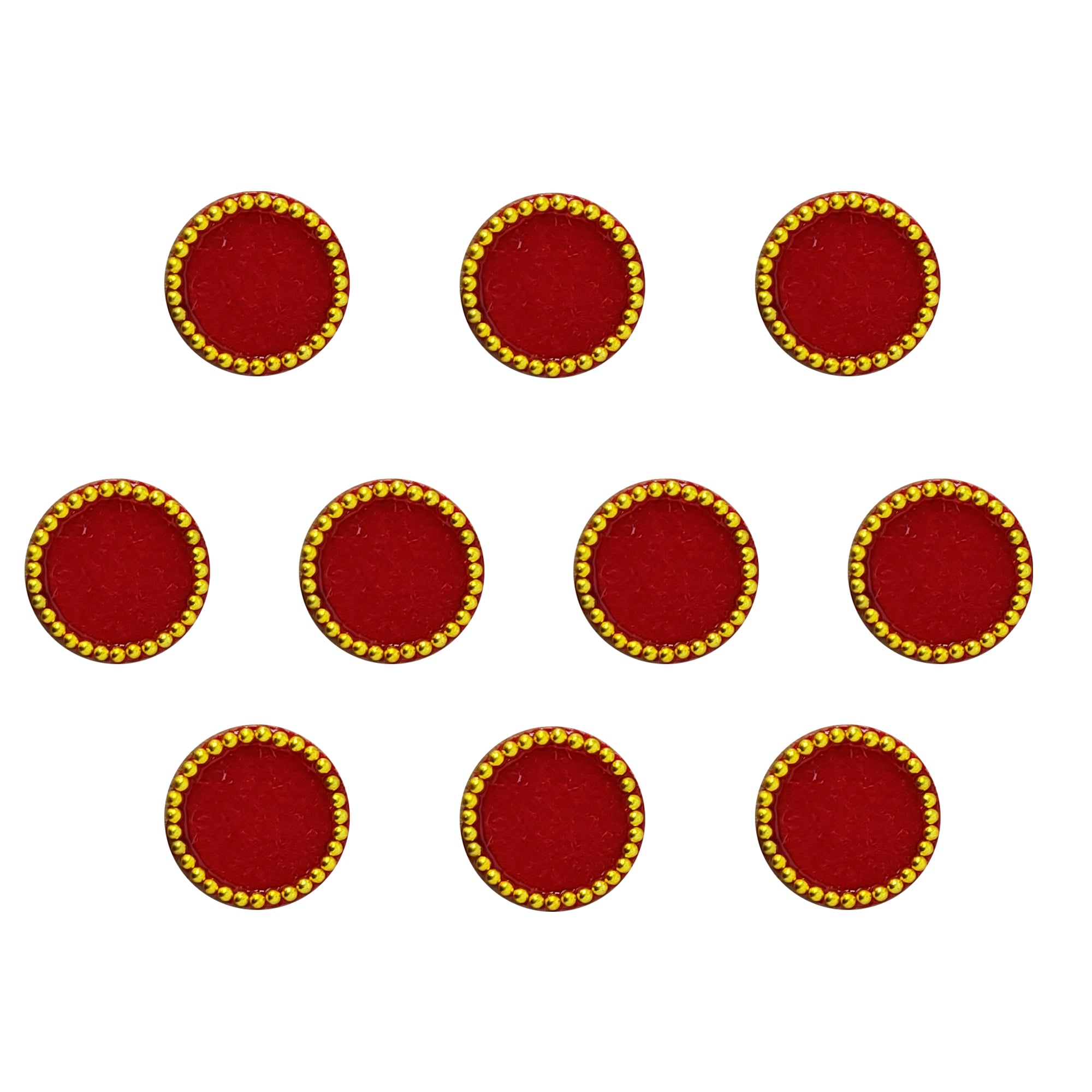 Comet Busters Royal Gold Border Red Velvet Round Bindi featuring classic red velvet circular bindis with an elegant gold bead border. Self-adhesive traditional forehead bindis for women and girls, perfect for daily wear, pooja, weddings, festivals, ethnic outfits, Bharatanatyam, classical dance, and traditional Indian occasions.
