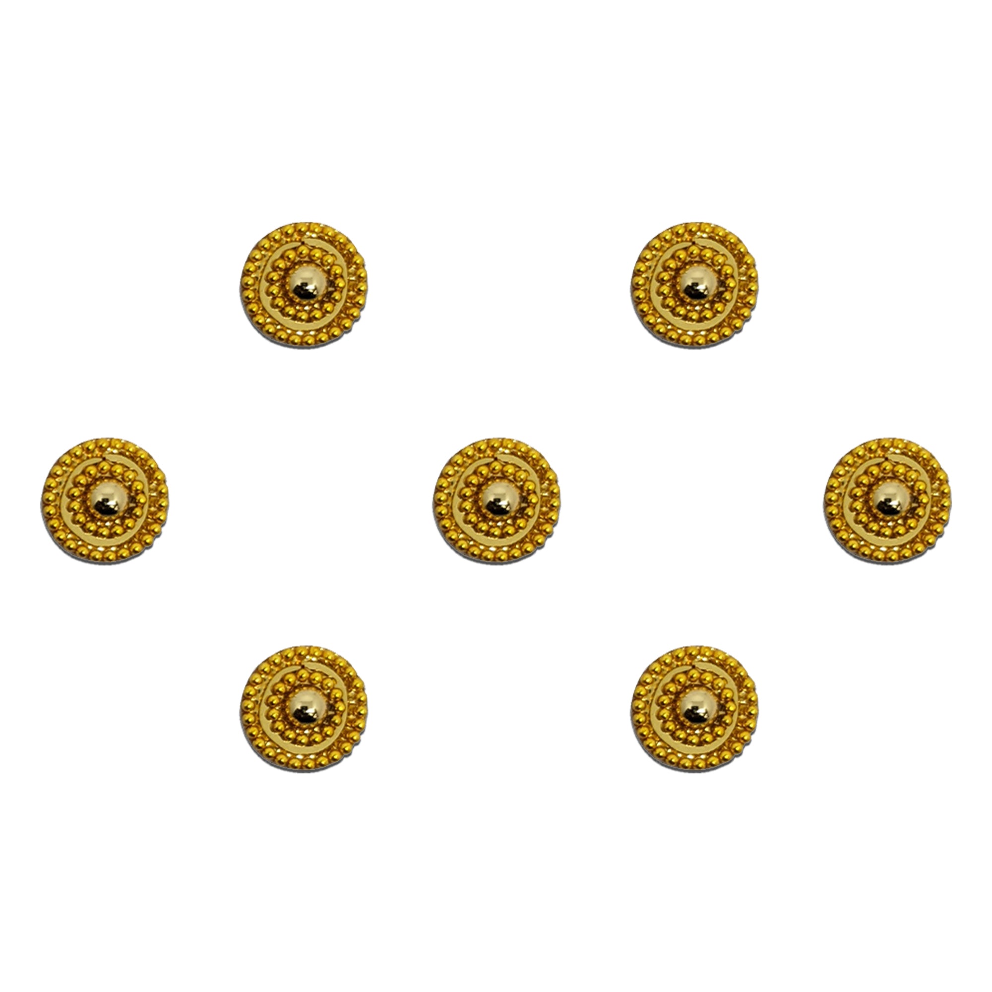 Comet Busters antique gold round bindis featuring concentric circular bead detailing with a raised metallic center in an elegant traditional designer pattern for festive and ethnic wear styling.