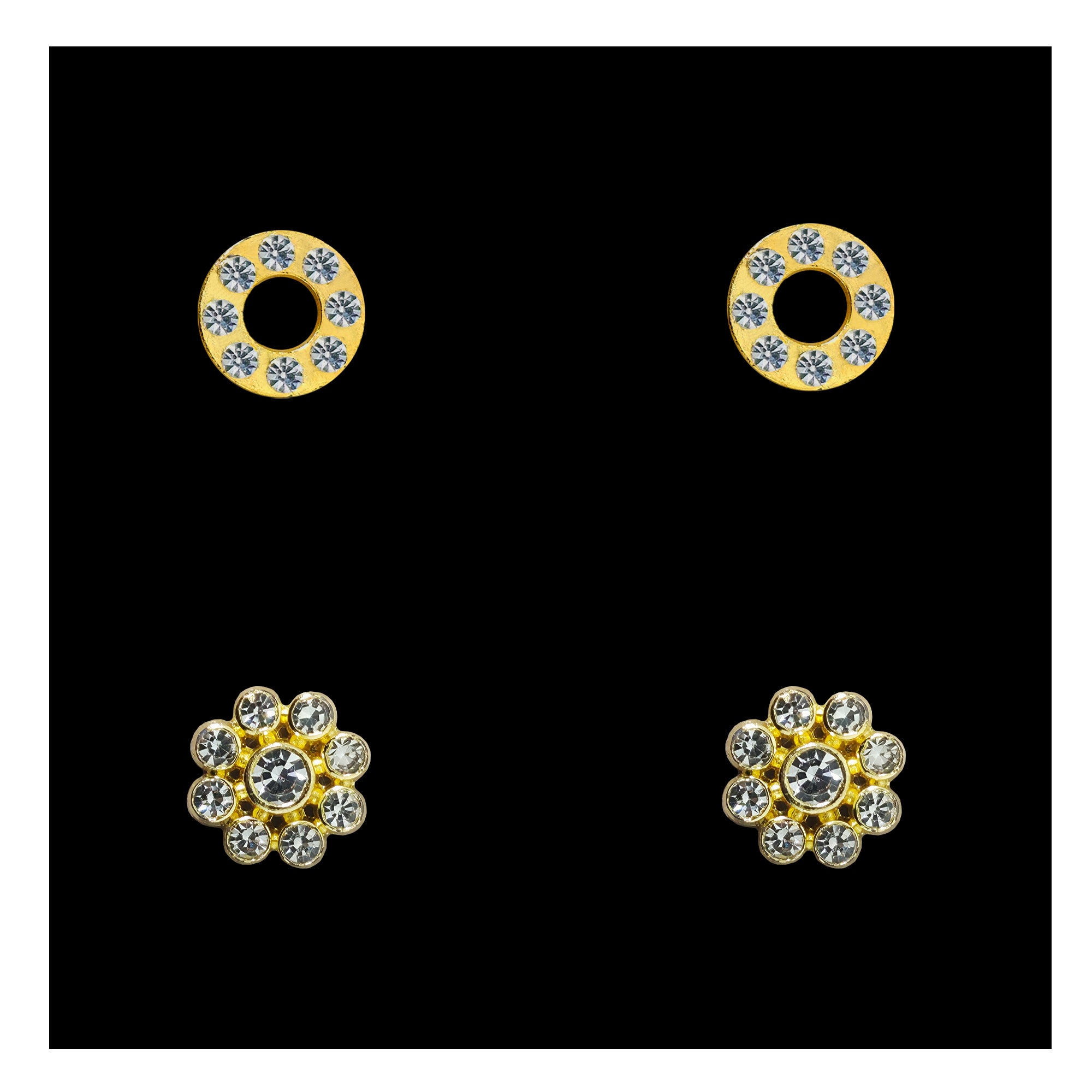 Comet Busters gold tone ear studs featuring clear crystal rhinestones in a circular halo and floral cluster design for women and girls