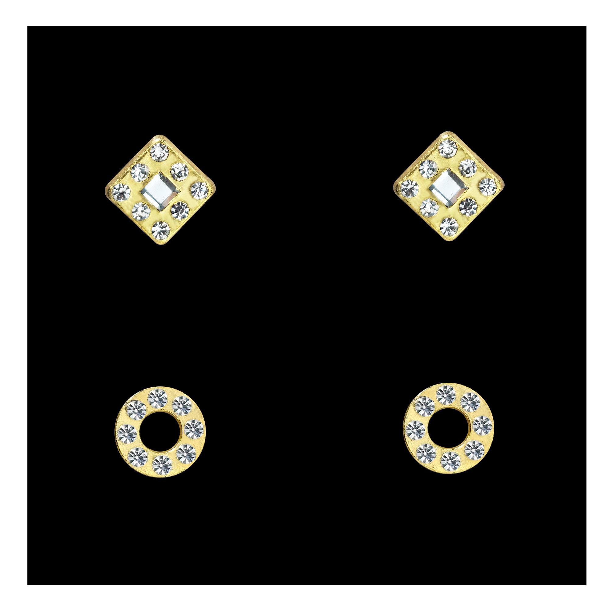 Comet Busters gold tone ear stud set featuring diamond-shaped and round designs with clear crystal rhinestones for women and girls