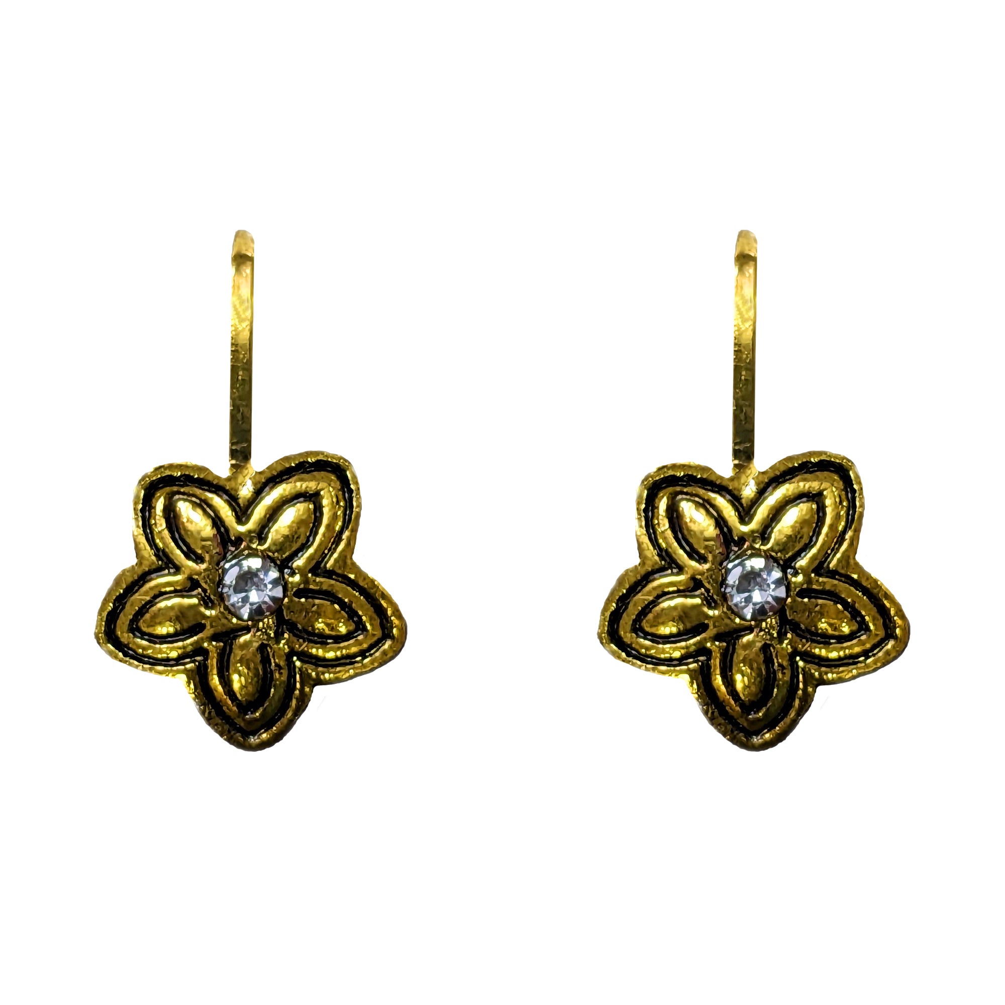 Comet Busters gold-tone floral nose stud featuring a five-petal flower design with a sparkling clear crystal center and a long stick for easy application.