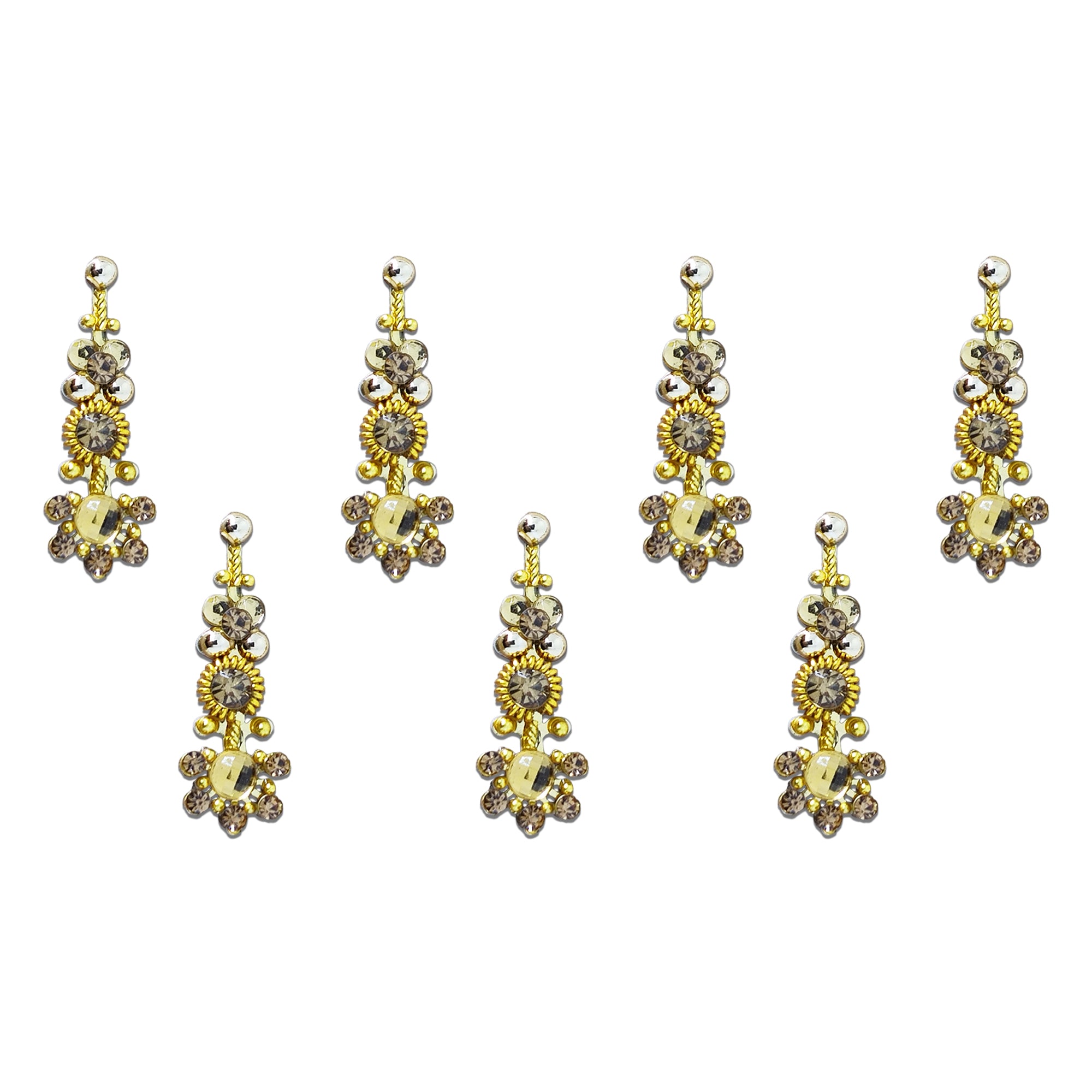 Comet Busters gold floral drop designer bindi sheet featuring 6 reusable self-adhesive bindis with champagne crystal embellishments, floral motifs, and elegant dangling teardrop accents. Premium traditional bindis perfect for weddings, bridal wear, festive occasions, Navratri, Diwali, Karwa Chauth, receptions, and ethnic outfits including sarees, lehengas, anarkalis, and salwar suits.