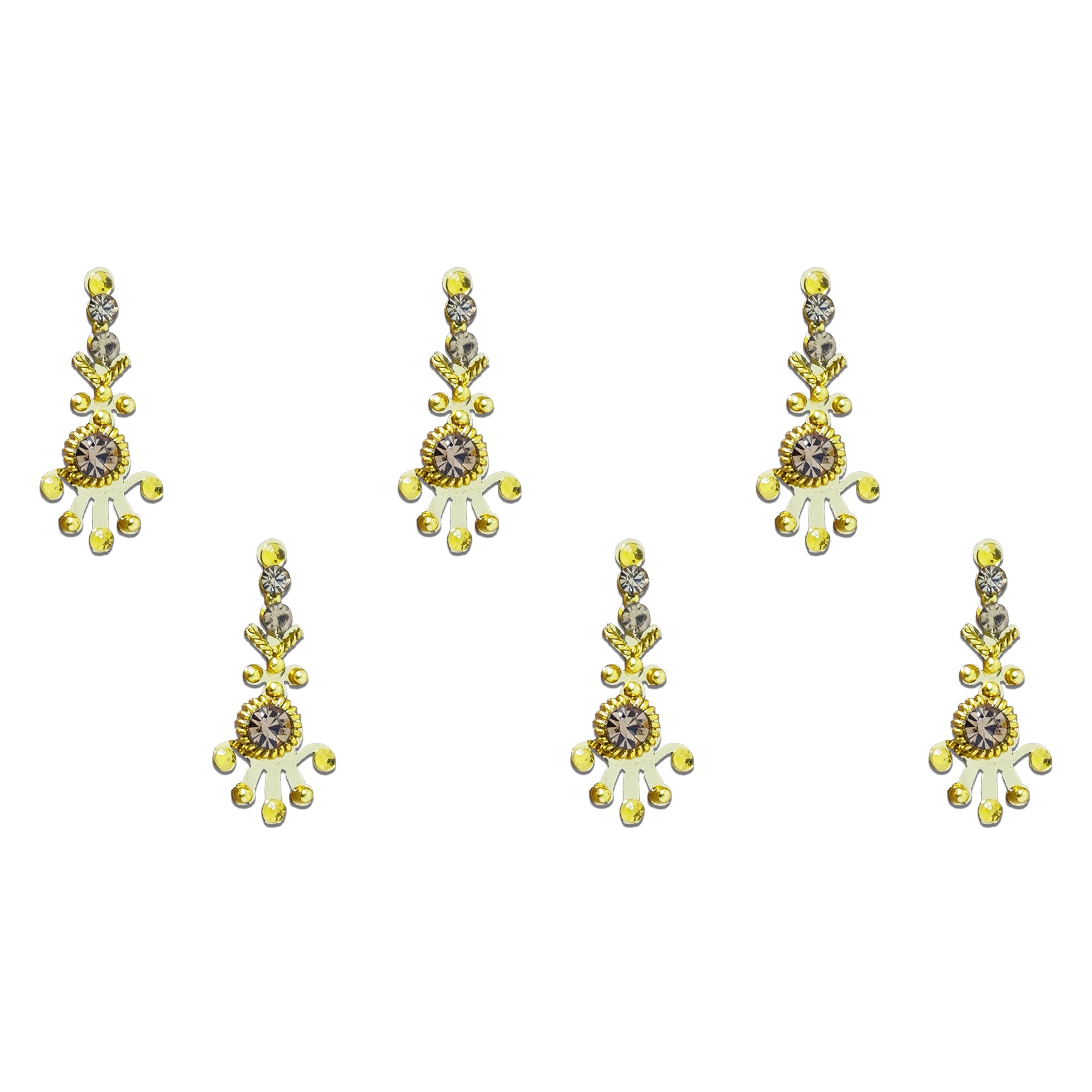 Comet Busters gold floral drop designer bindi sheet featuring 6 reusable self-adhesive bindis with a marquise-cut crystal, floral motif, gold detailing, and sparkling champagne stones. Elegant premium bindis for weddings, bridal wear, festivals, Karwa Chauth, Navratri, Diwali, parties, and traditional ethnic outfits including sarees, lehengas, and salwar suits.