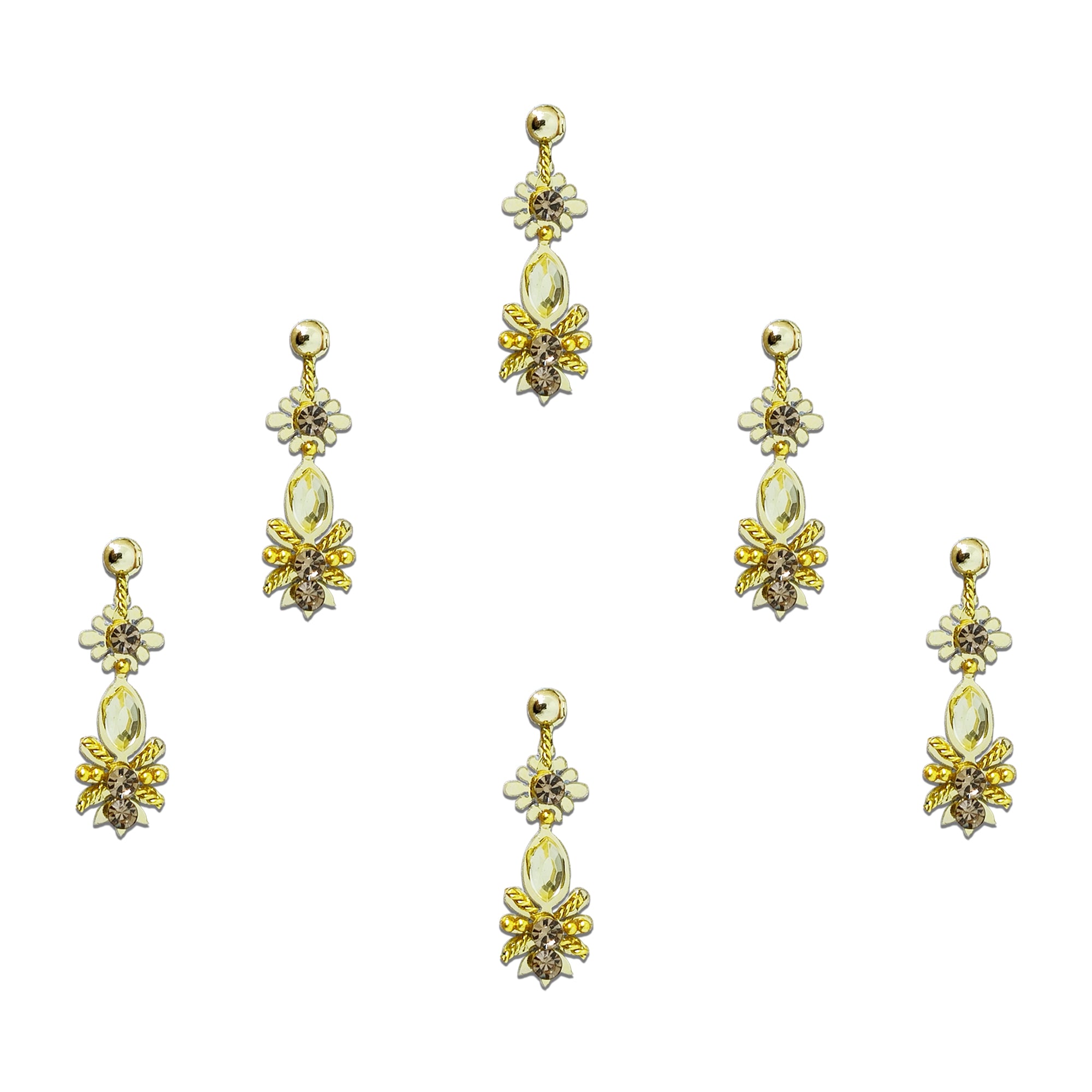 Comet Busters gold floral drop designer bindi sheet featuring 6 reusable self-adhesive bindis with a marquise-cut crystal, floral motif, gold detailing, and sparkling champagne stones. Elegant premium bindis for weddings, bridal wear, festivals, Karwa Chauth, Navratri, Diwali, parties, and traditional ethnic outfits including sarees, lehengas, and salwar suits.
