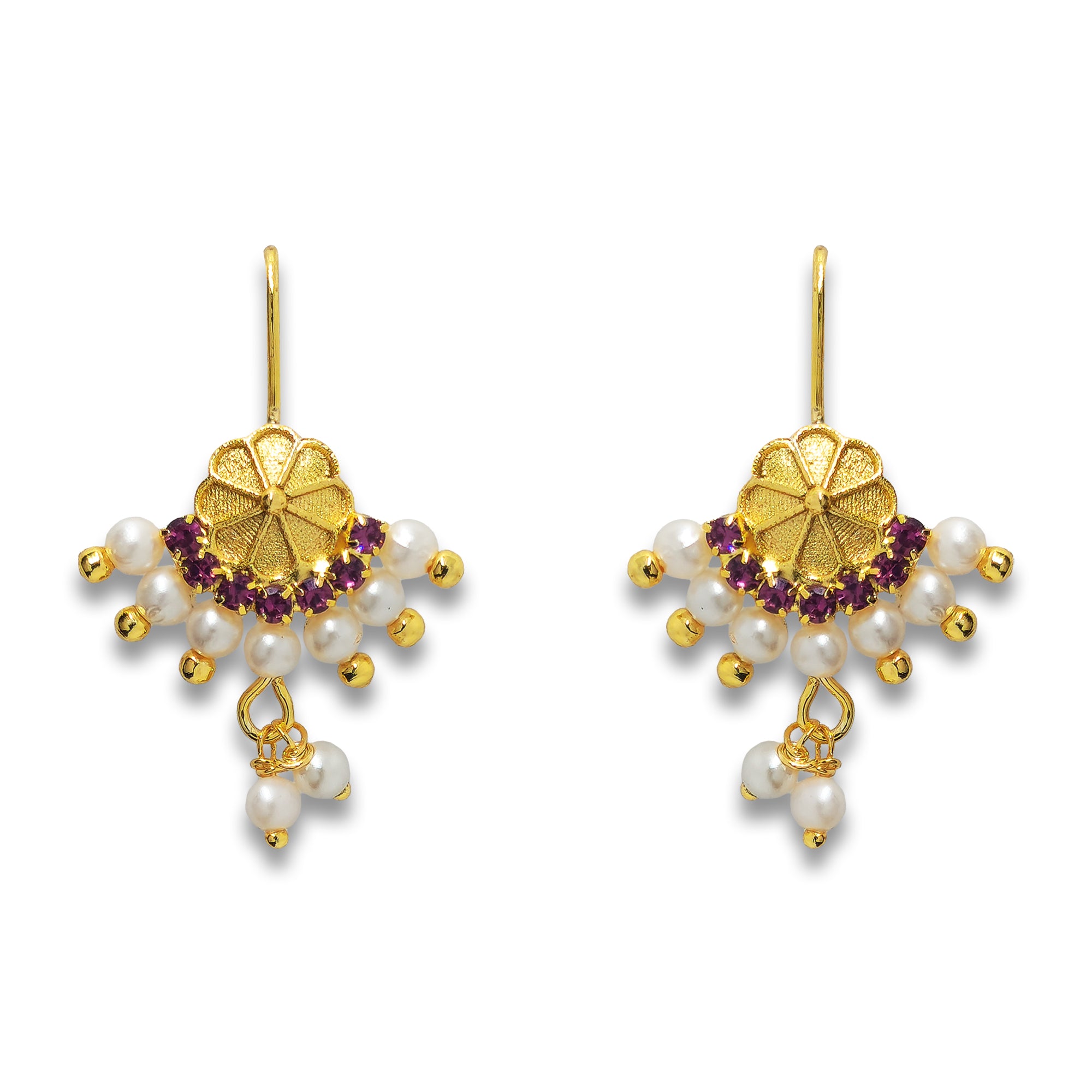 Comet Busters gold-tone floral earcuff with magenta crystal accents, white pearl beads, and dangling pearl charms on a white background.