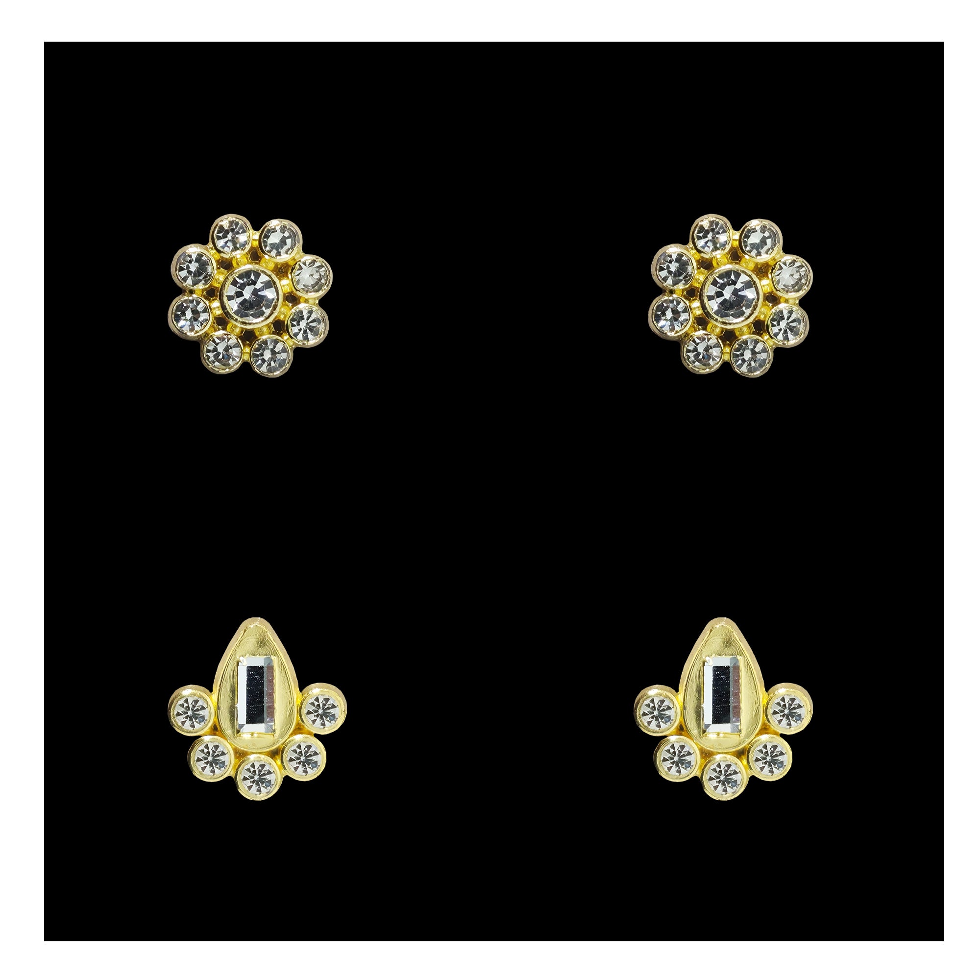 Comet Busters gold tone ear stud set featuring a round floral crystal design and a teardrop-shaped crystal design with clear rhinestone accents for women and girls