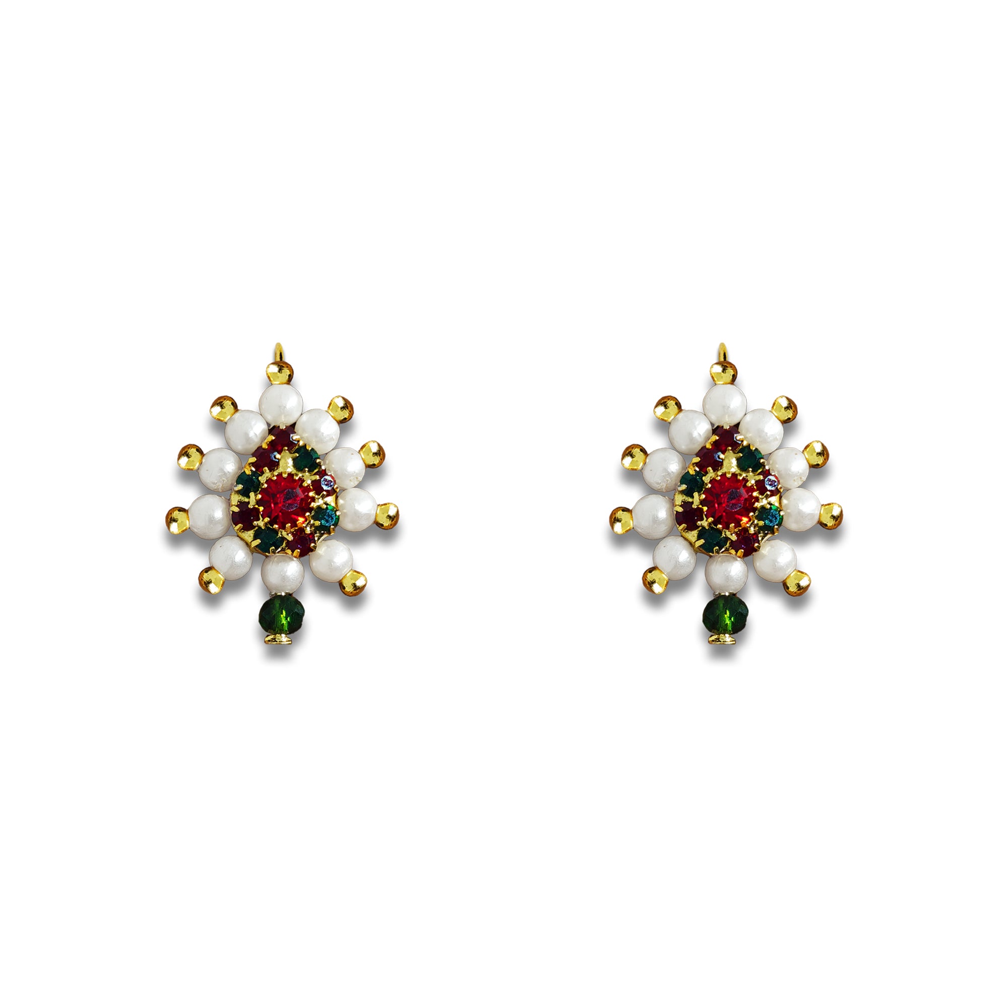 Comet Busters gold-tone floral nose studs featuring red and green crystals, white pearl beads, and a green hanging bead for a traditional festive look.
