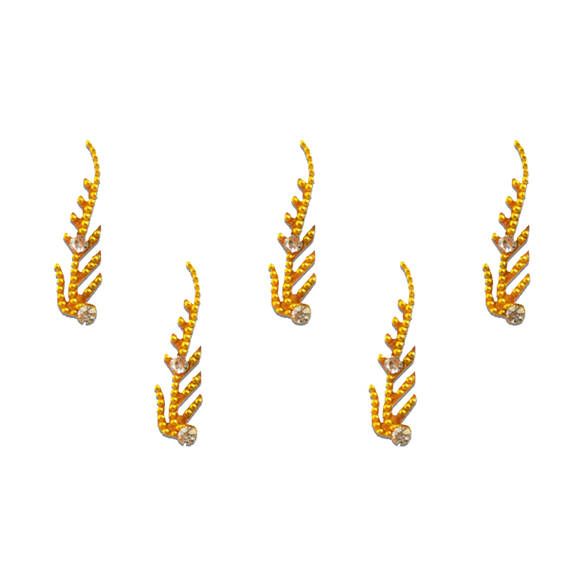 Comet Busters gold leaf designer bindi featuring elegant leaf-inspired detailing with sparkling crystal accents. Premium self-adhesive bindi set for women and girls, perfect for weddings, festivals, parties, cultural events, ethnic wear, and everyday traditional styling.