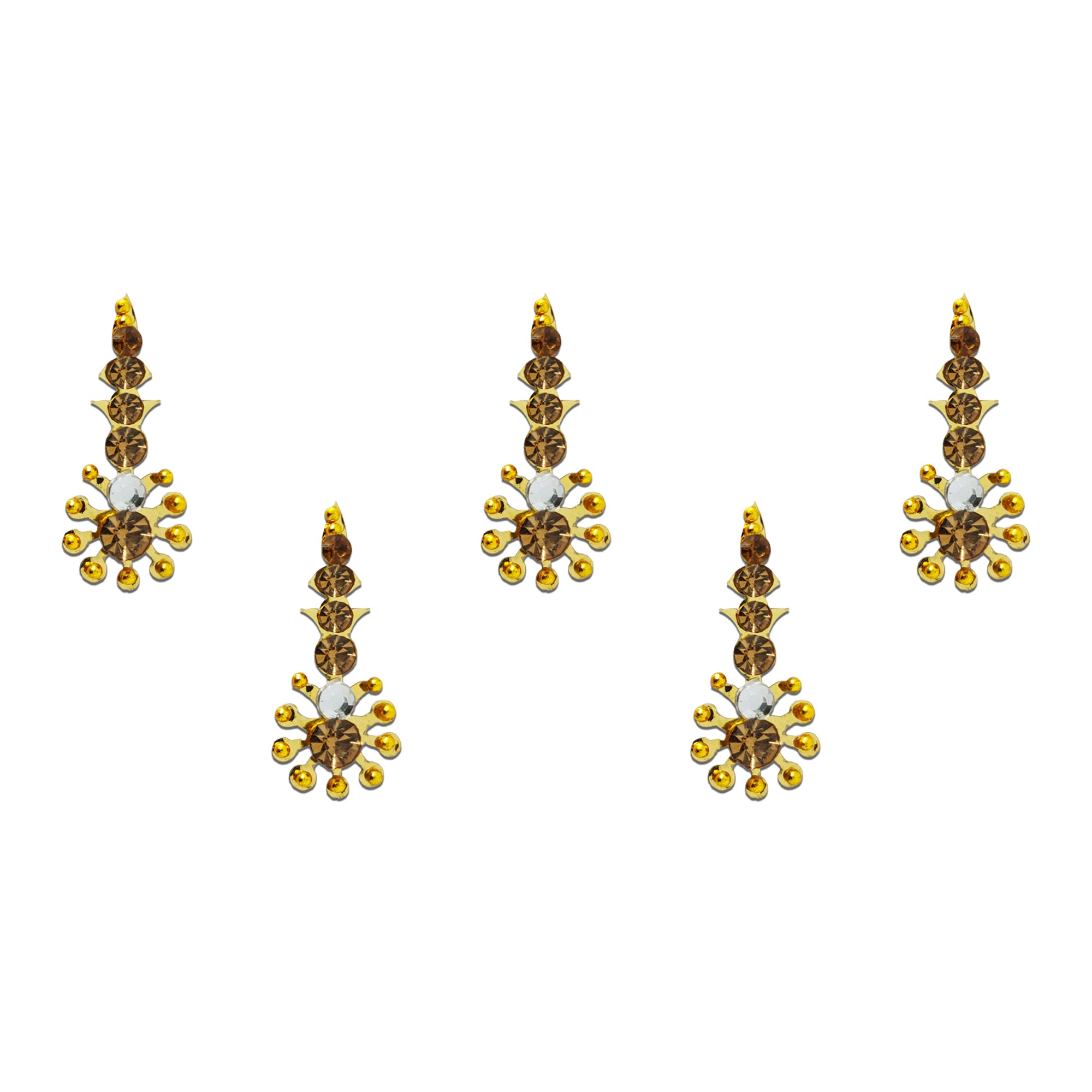 Comet Busters gold designer bindis featuring long vertical crystal stone arrangement with floral detailing, white rhinestone accents, and traditional ethnic design for festive and bridal wear.