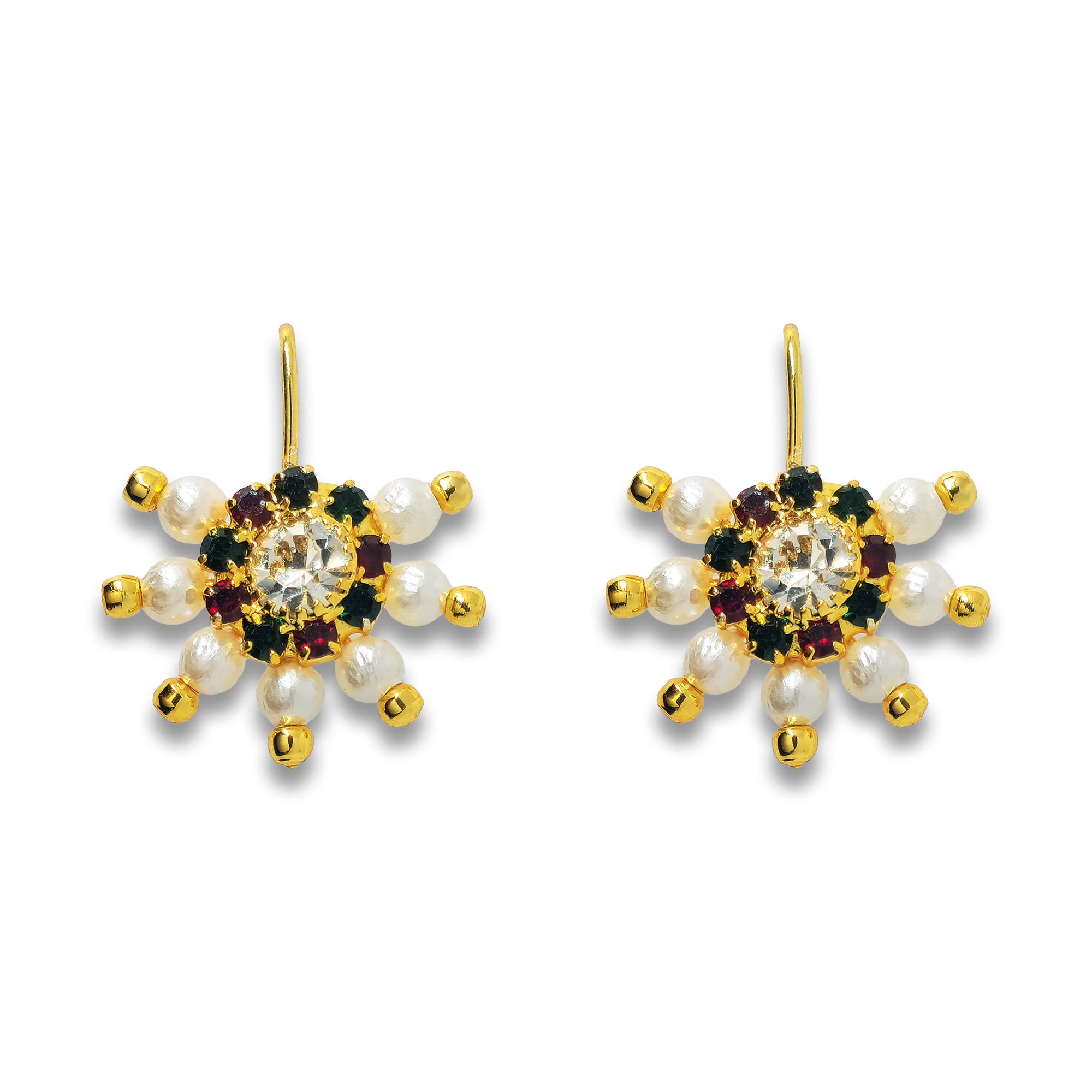 Comet Busters gold-tone floral earcuff with a large clear crystal center, green and maroon accents, and white pearl beads arranged in a flower-inspired design.