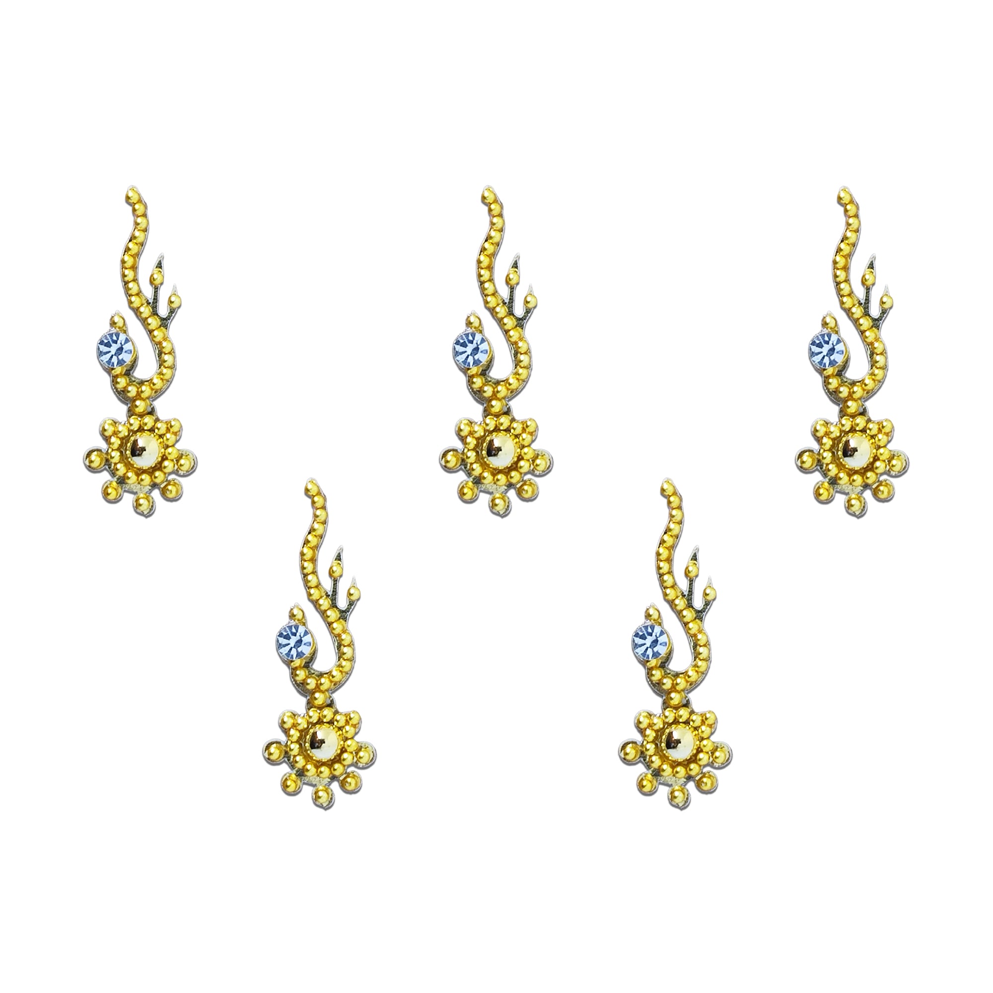 Comet Busters gold paisley designer bindi featuring elegant gold bead detailing, a sparkling clear crystal accent, and a decorative sunburst-inspired base. Premium self-adhesive bindi set for women and girls, perfect for weddings, festivals, parties, cultural events, ethnic wear, and everyday traditional styling.